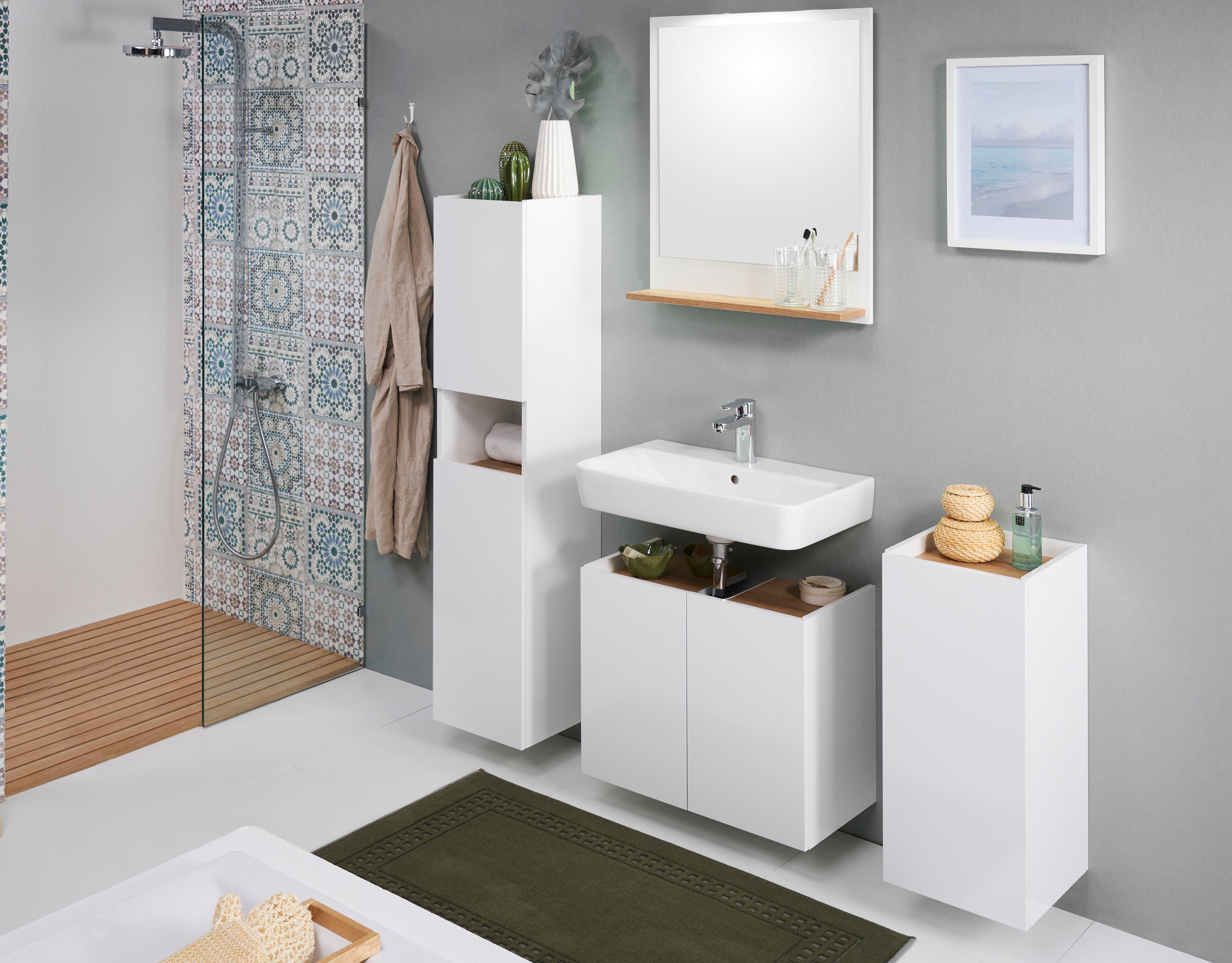 Saphir Badkamerserie Quickset 947 4-delig, wastafelonderkast met spiegel Onderkast, midikast, 5 deuren, incl. deurdempers, wit glans (4-delig)