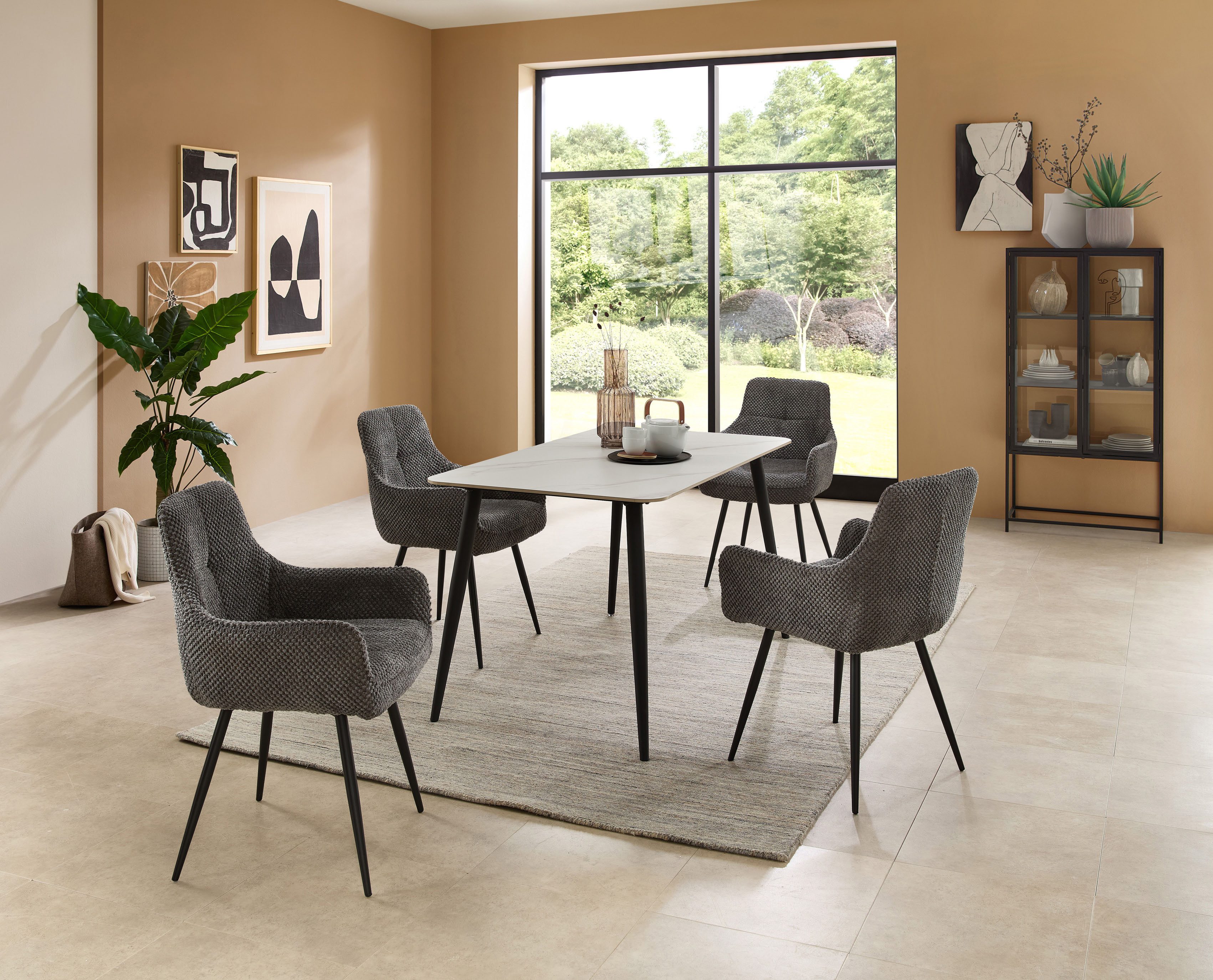 Stolkom Eettafel Cody eettafel keramiek, wit gemarmerd, BxHxD 140x76x80 cm Keramische oppervlakte wit gemarmerd, 4-poots frame mat zwart