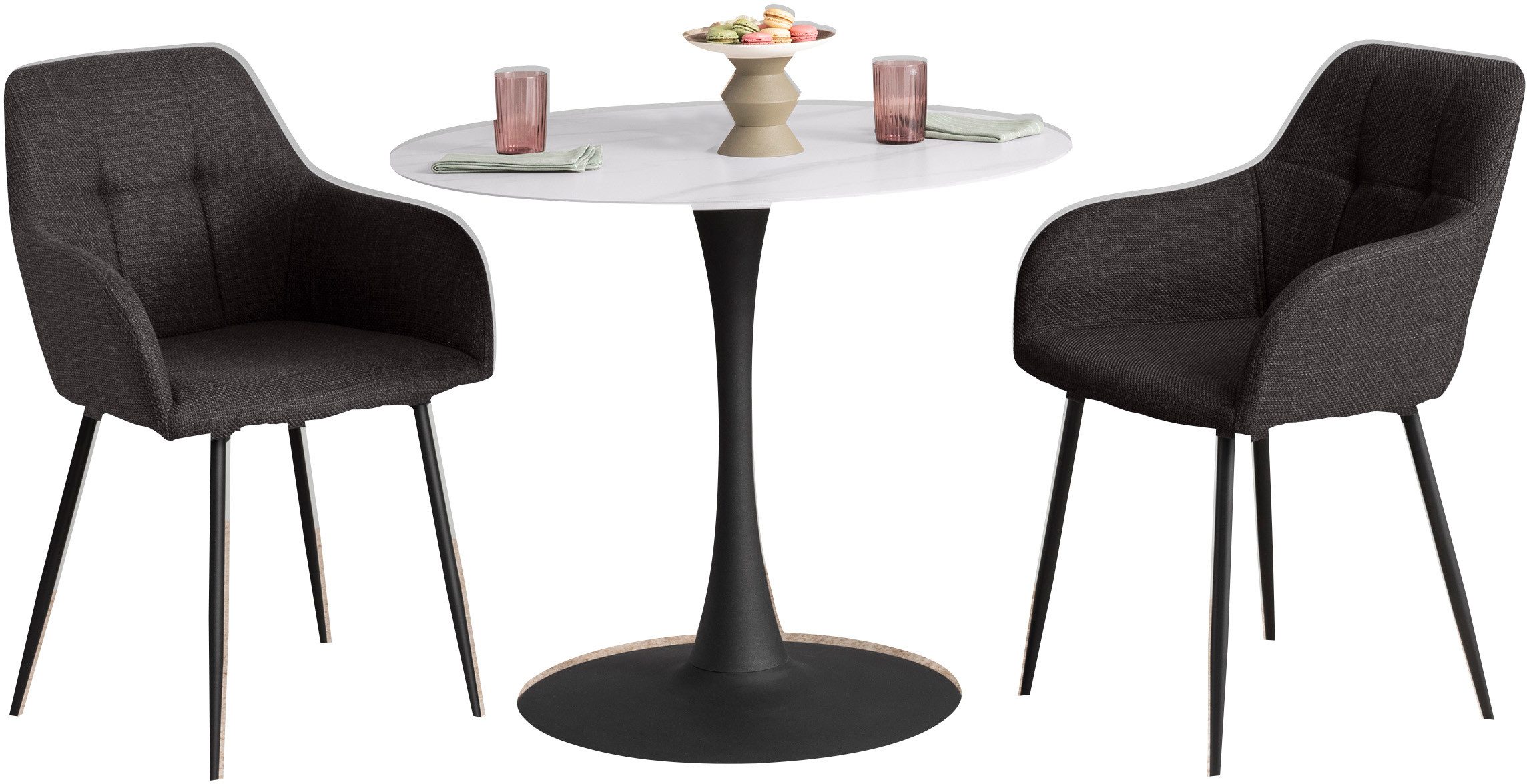 HELA Eethoek MOSEL Tafel 90x75 cm, ronde plaat, gesinterde steen, armleuningsstoel (3-delig)