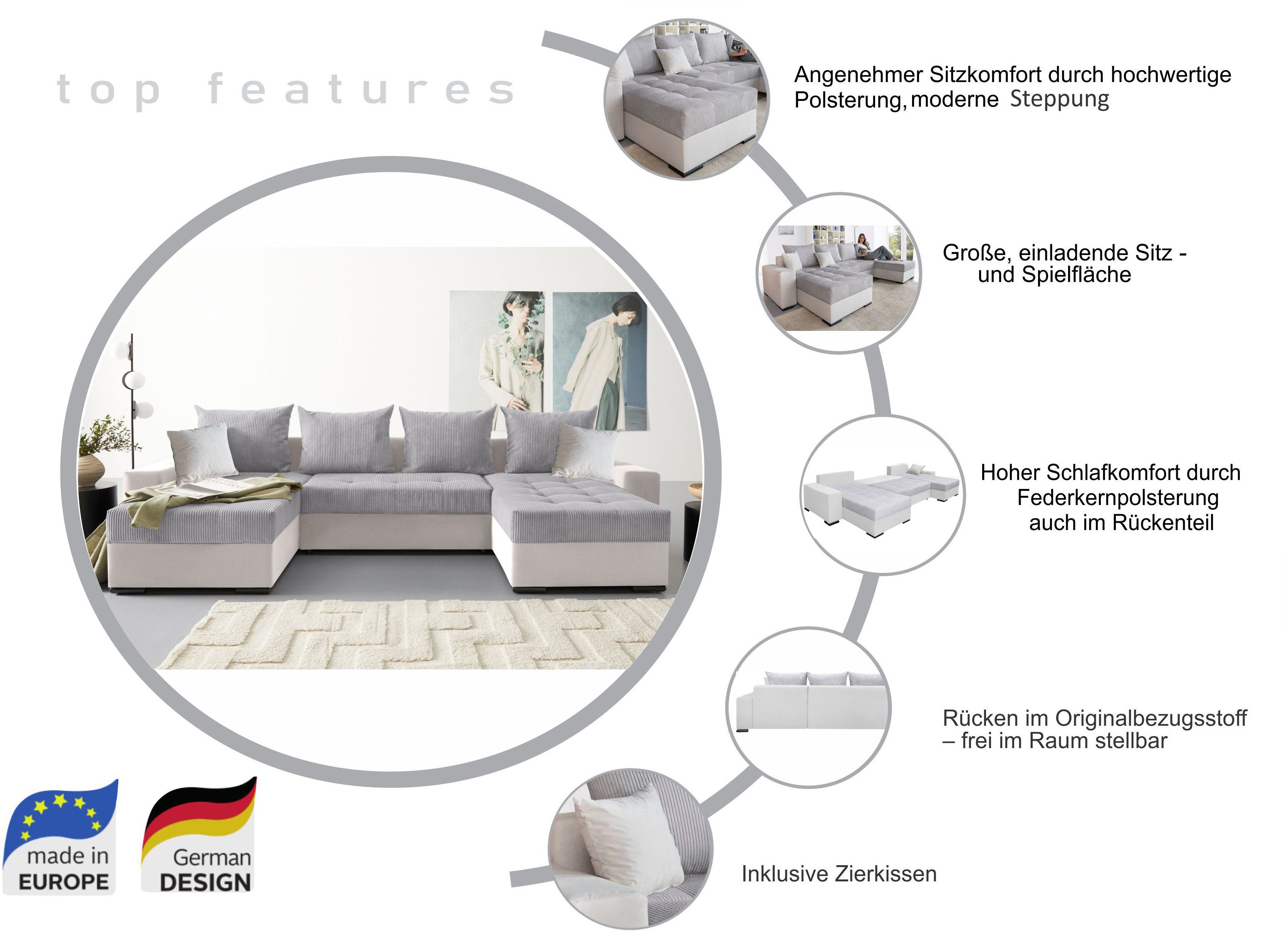 COLLECTION AB Zithoek Josy XL U-vorm, B: 313 cm in Cord, Cord-Mix met bedfunctie, bedlade & 2 sierkussens, vering