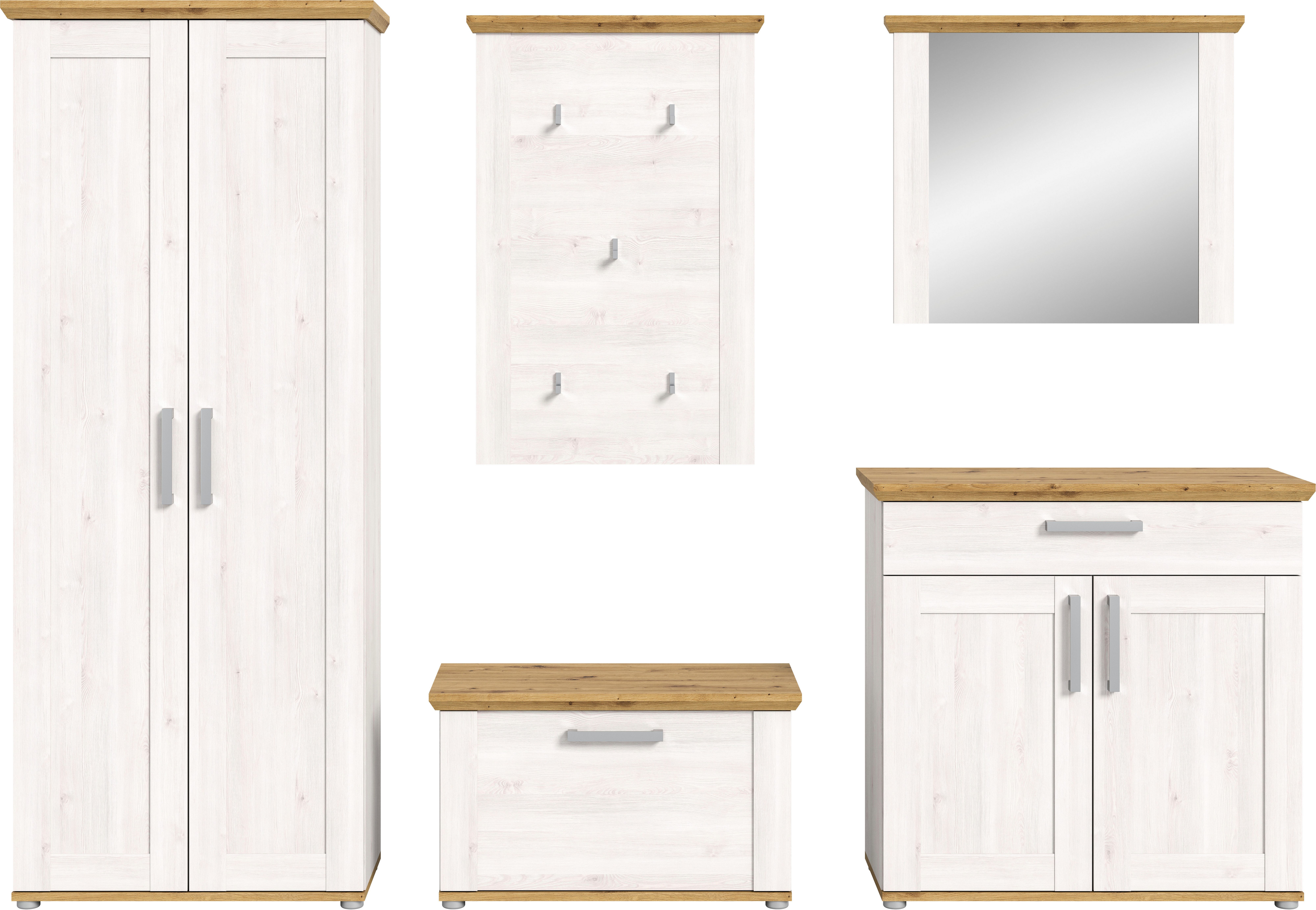 Home affaire Halmeubelset Cosenza, Breedte ca. 285 cm, 2-kleurig, 5-delig, bestaande uit: Garderobekast, schoenenbank, garderobepaneel, schoenenkast, spiegel (5 stuks)