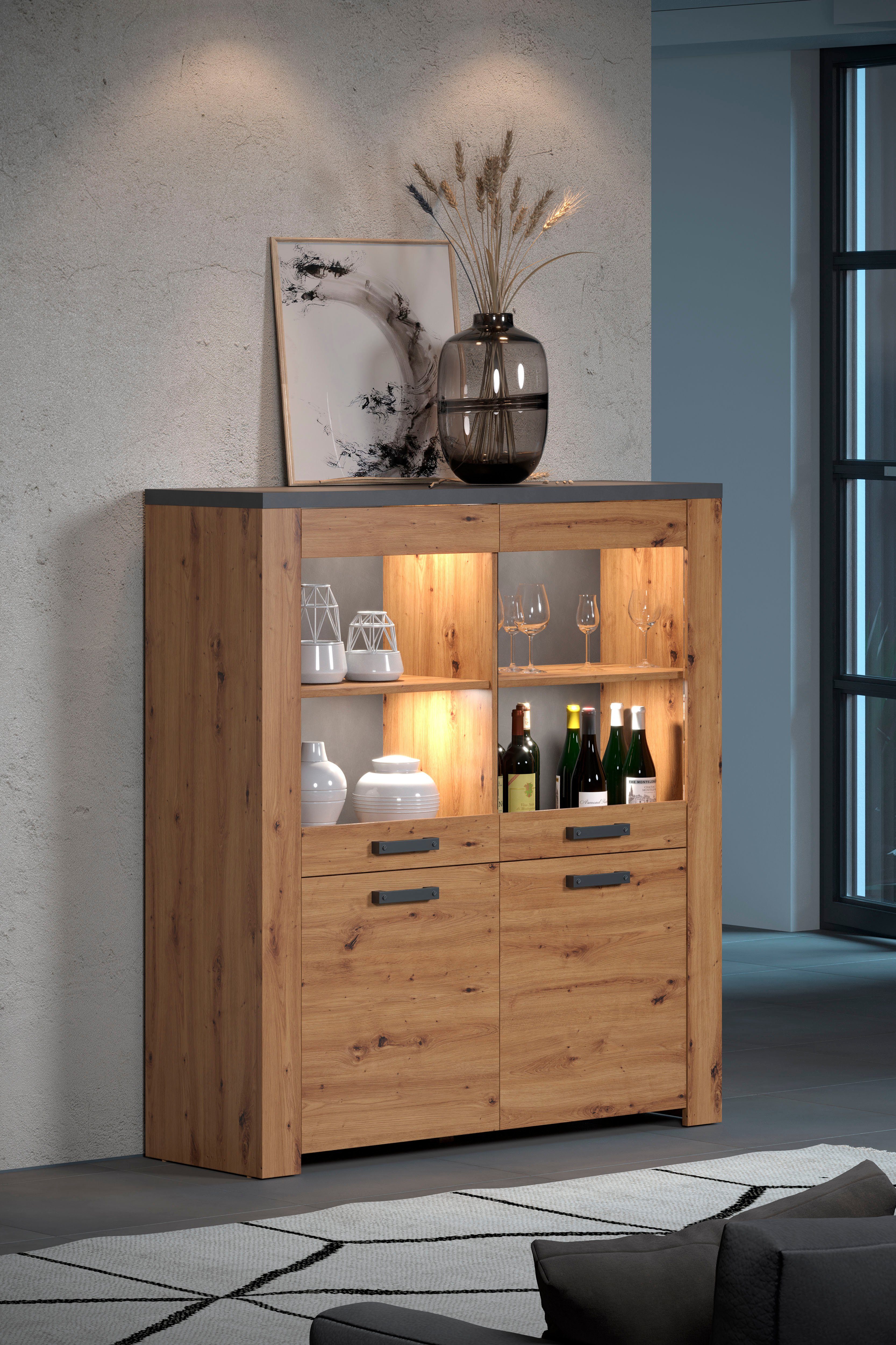 Home affaire Highboard Ambres Vitrine, echt houtlook, ca. Afmetingen BxH: 127x139 cm (1 stuk)