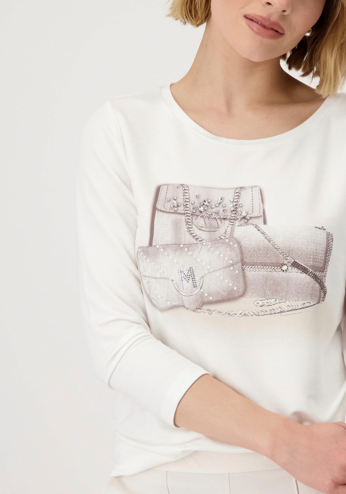 Monari Shirt met ronde hals Shirt met sieraden zakken met frontprint en glitterstuds