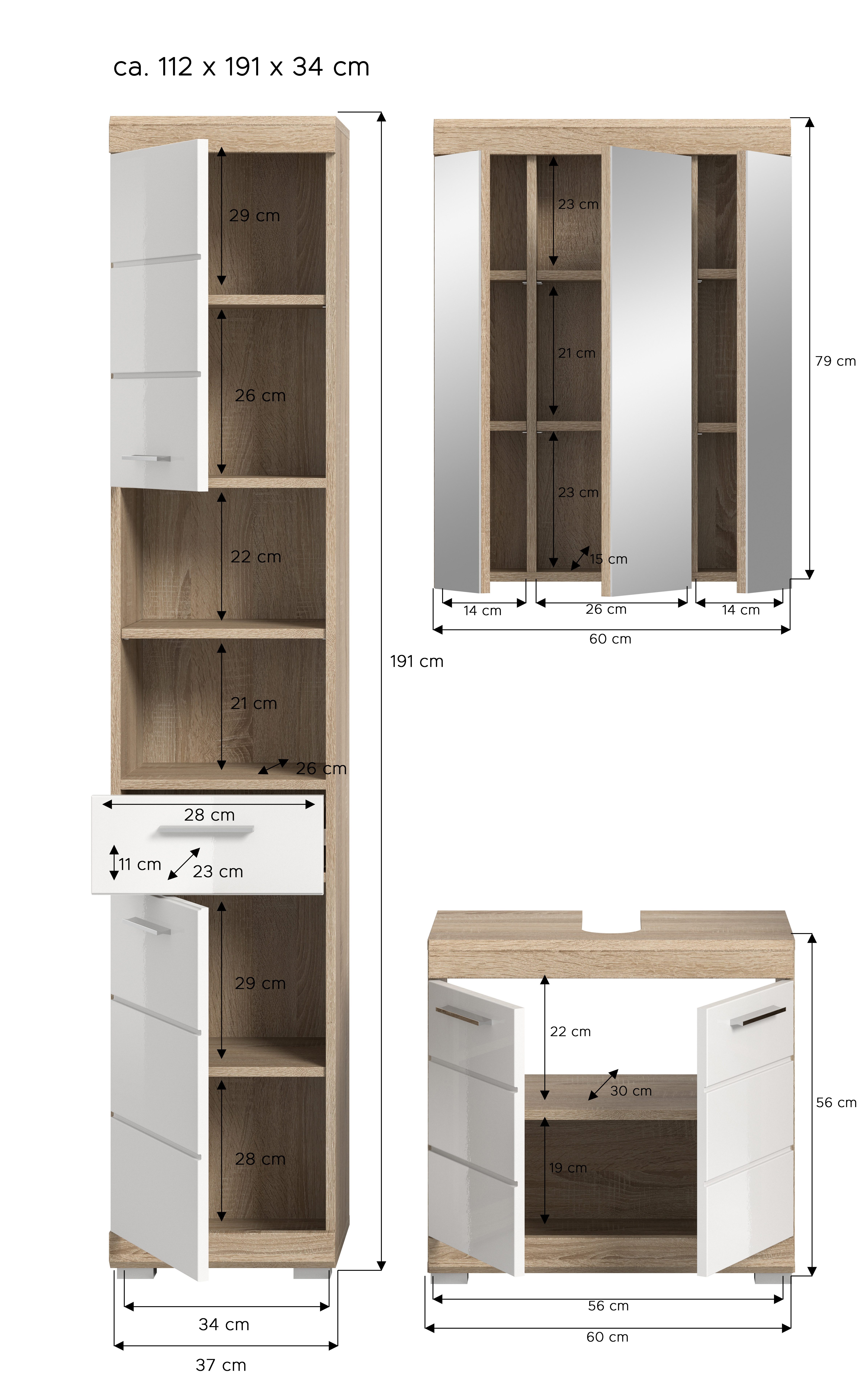INOSIGN Badkamerserie Siena, 3-delig, bestaande uit: Hoge kast, wastafelonderkast, spiegelkast (set, 3-delig)