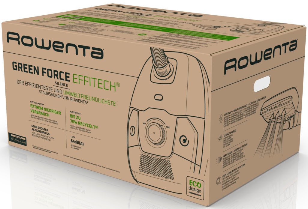 Rowenta Stofzuiger Green Force Effitech, stofzuiger met zak, grote actieradius milieuvriendelijk van gerecycled plastic, sterke zuigkracht, ro6189