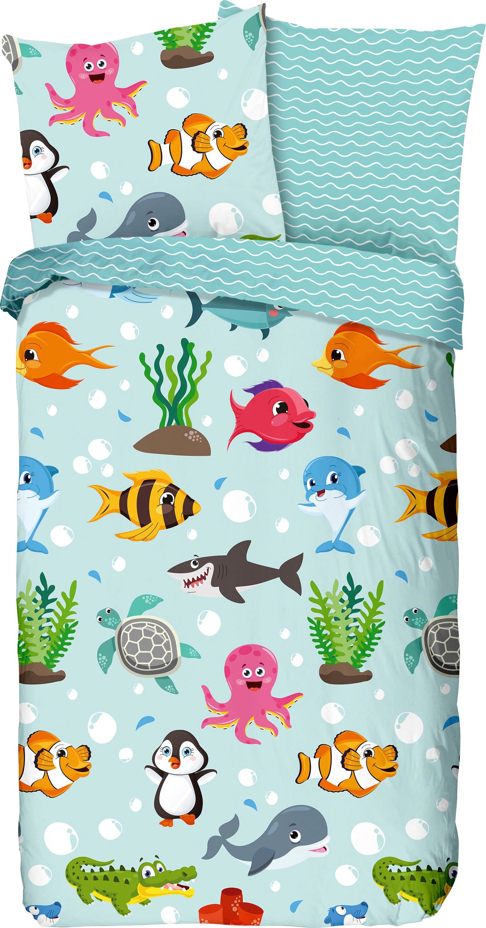 good morning Kinderovertrekset Sea Katoen, 135x200, Rits, Omkeerbaar, Kind, Zee, Dier, Turquoise (2-delig)