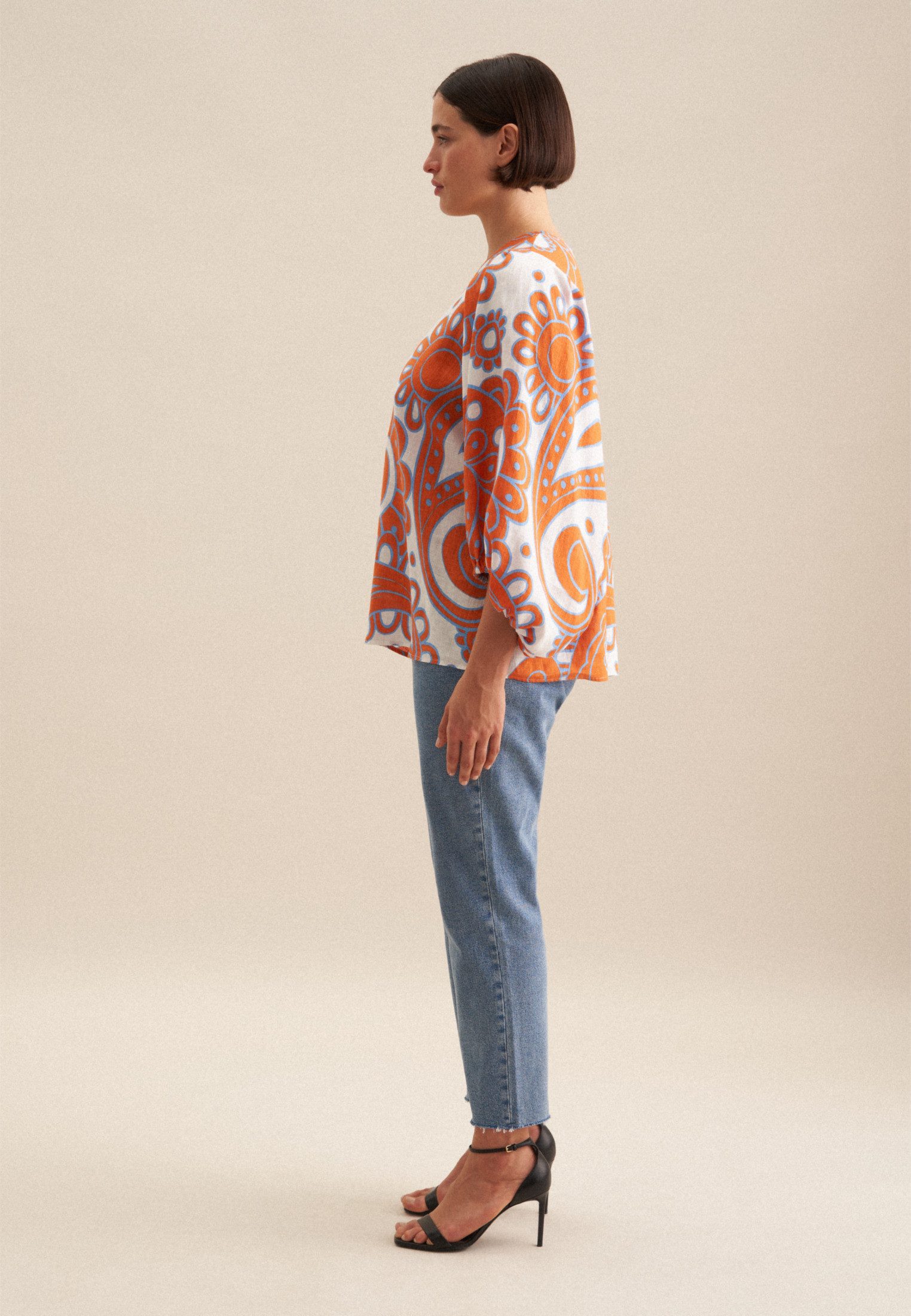 seidensticker Shirtblouse Zwarte roos 3/4-mouw v-hals paisley