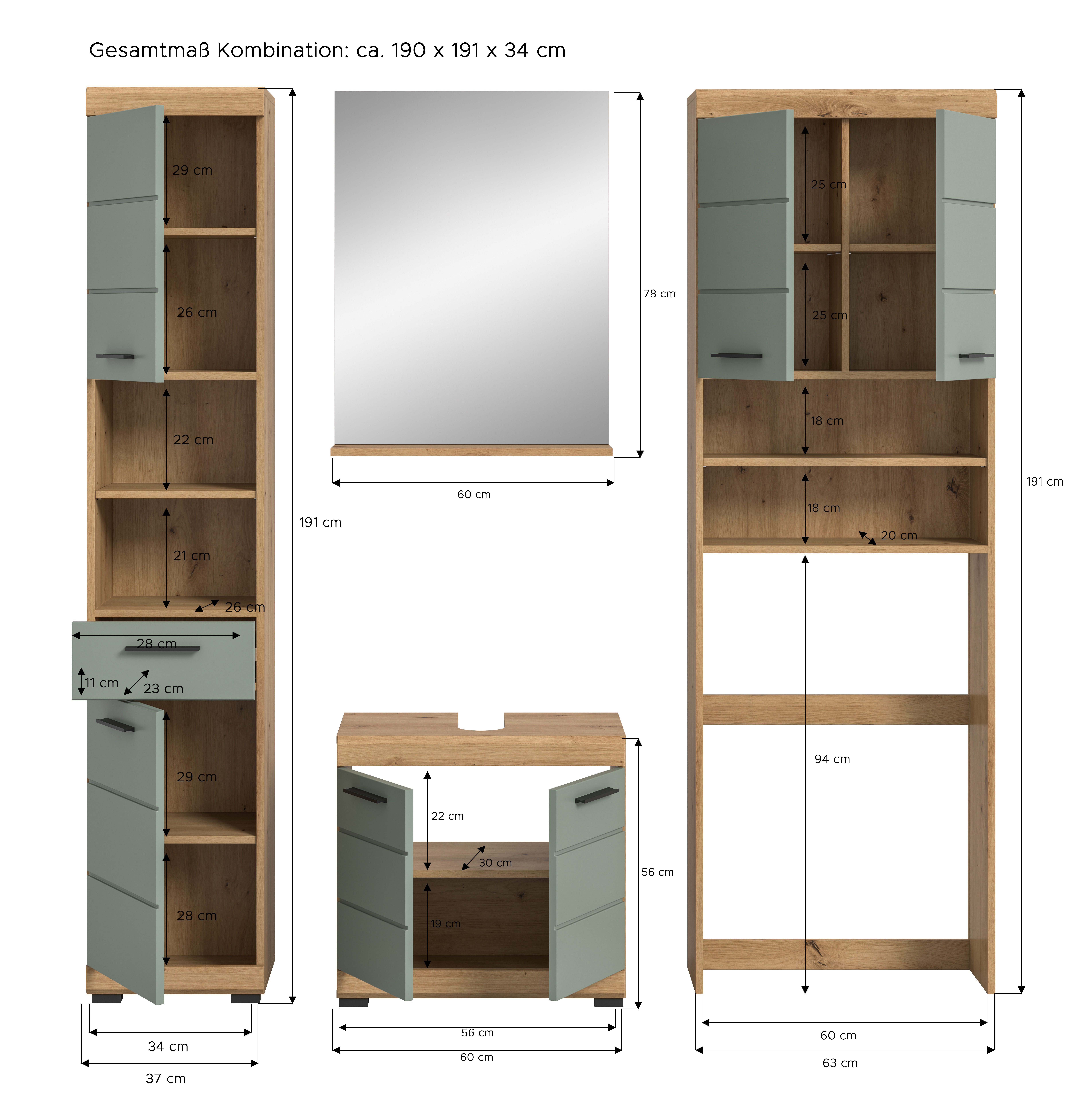 INOSIGN Badkamerserie Siena, 4-delig, bestaande uit: Hoge kast, WBU, badkamer spiegel, wasmachine ombouwkast (set, 4-delig)