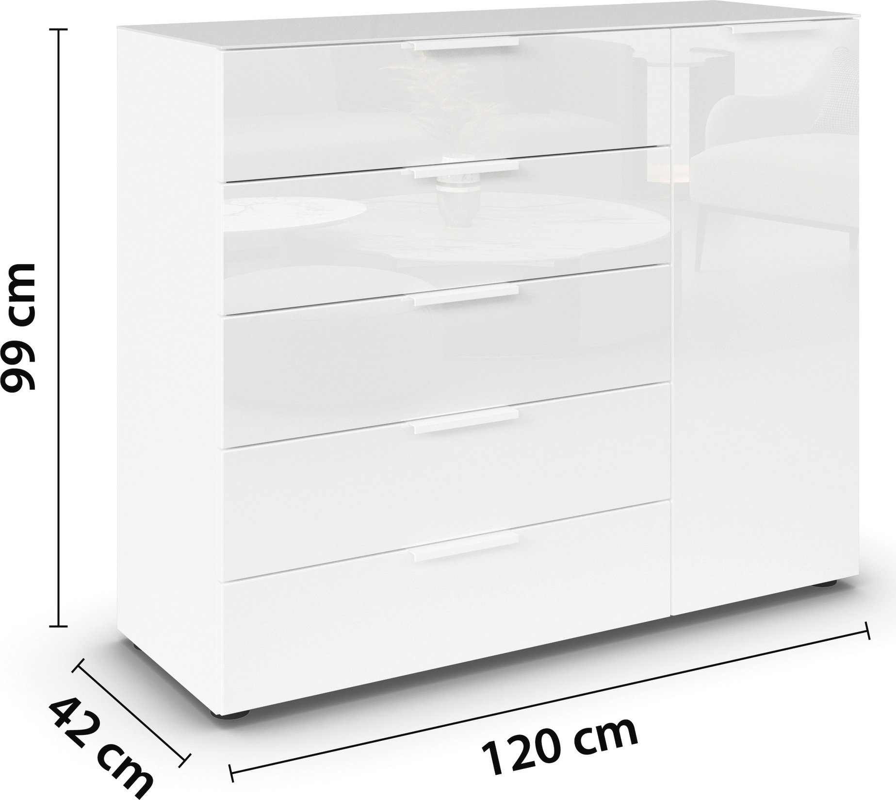 rauch Ladekast Commode deurkast sideboard combikast FLIPP met glasfront 1-deurs, 5 laden, soft-close functie, bovenblad en glazen front