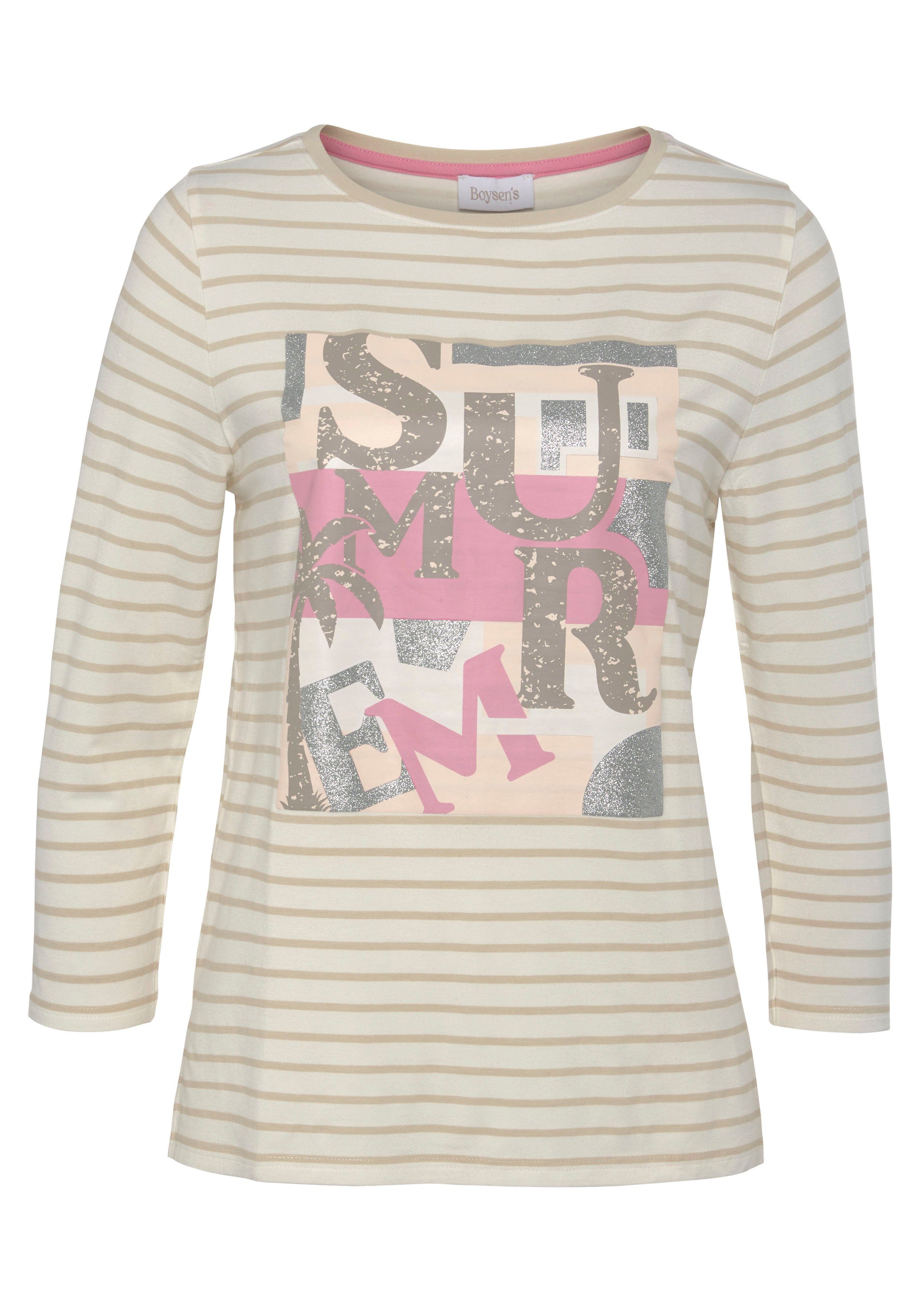 Boysen's Shirt met 3 4 mouwen met streepjes en glinsterende voorkant-print