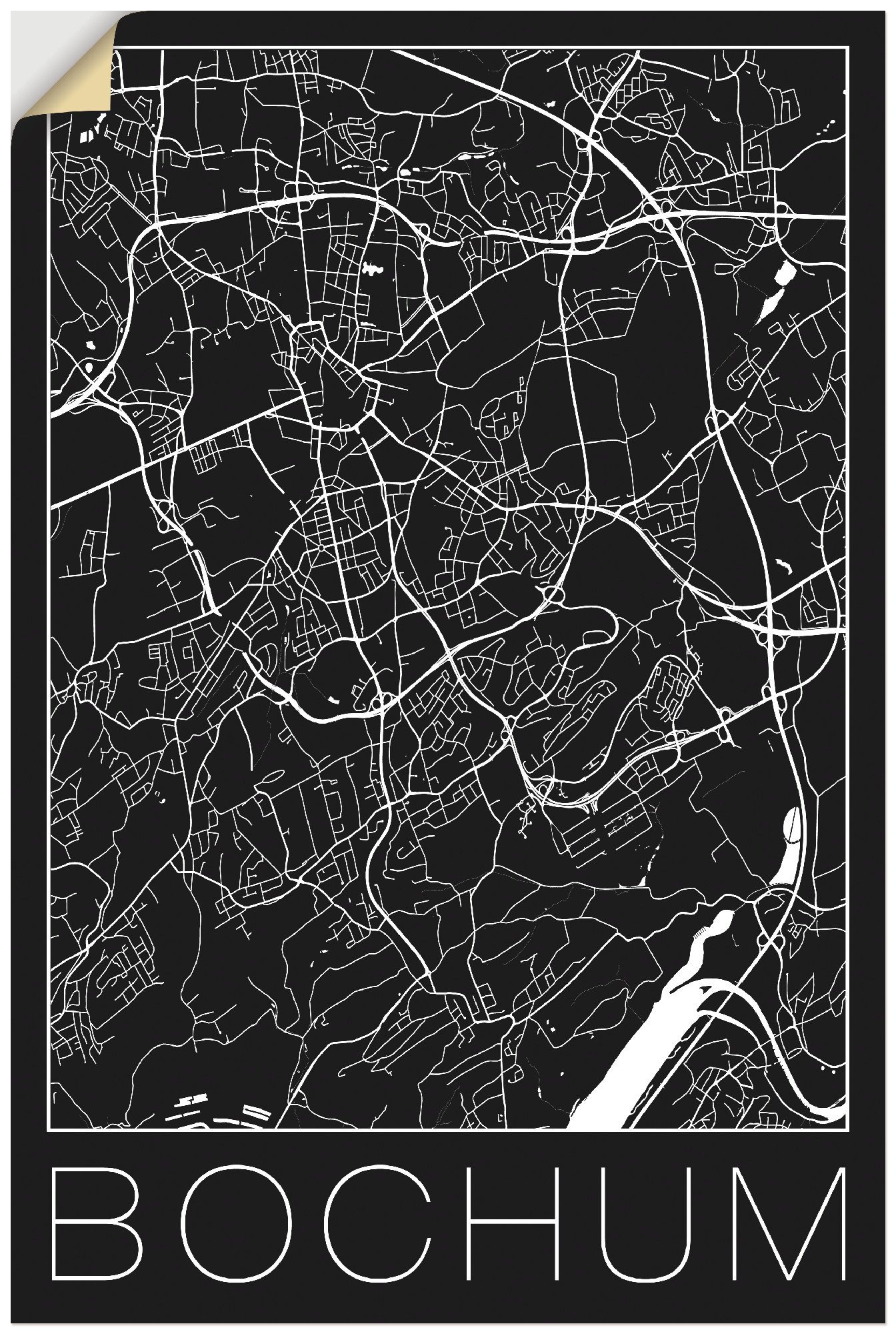 Artland Artprint Retro kaart Bochum Duitsland zwart in vele afmetingen & productsoorten - artprint van aluminium / artprint voor buiten, artprint op linnen, poster, muursticker / w
