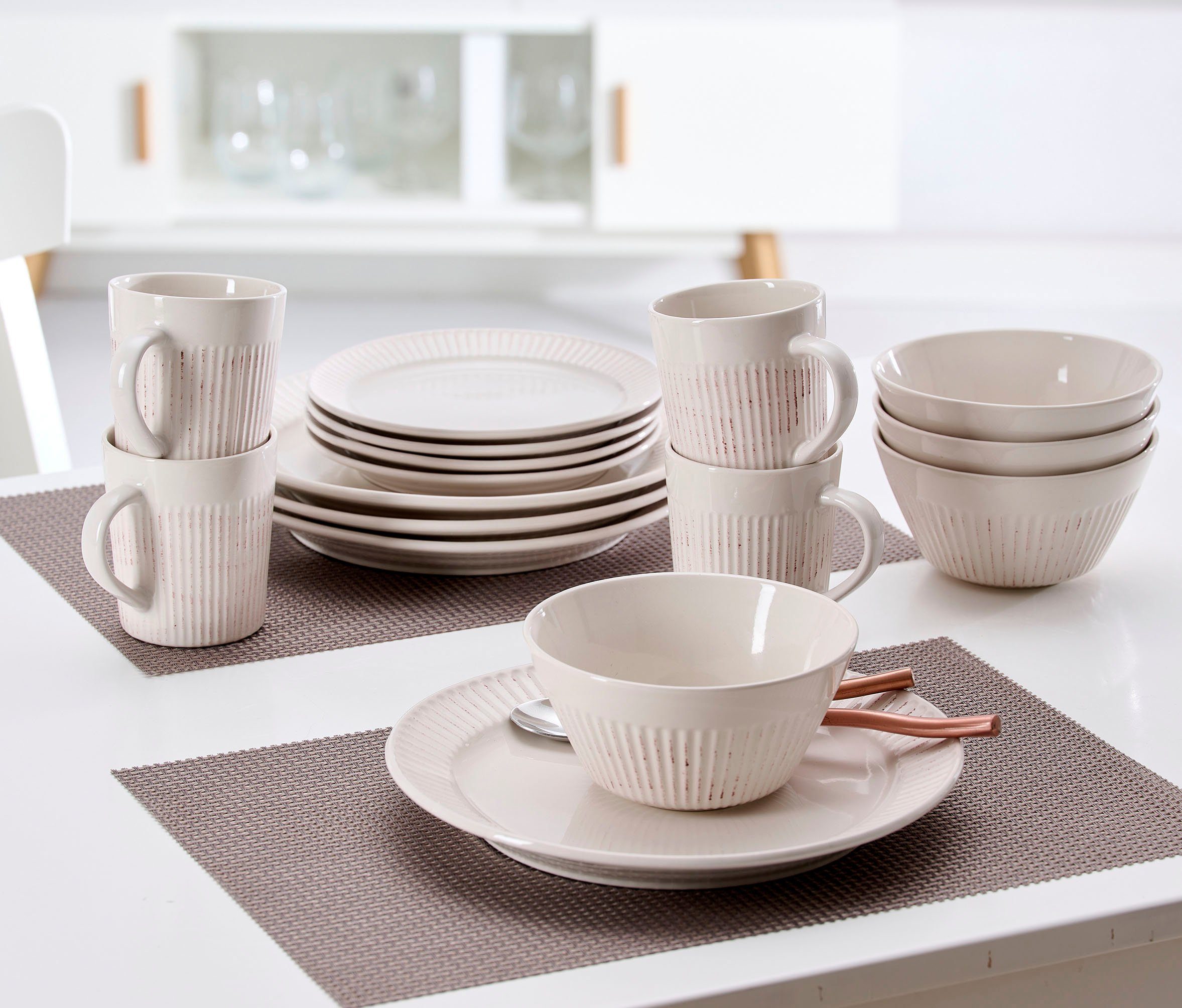 Ritzenhoff & Breker Combi-servies Kreta, Servies, streeprimpel, aardse bruine accenten (set, 16-delig)