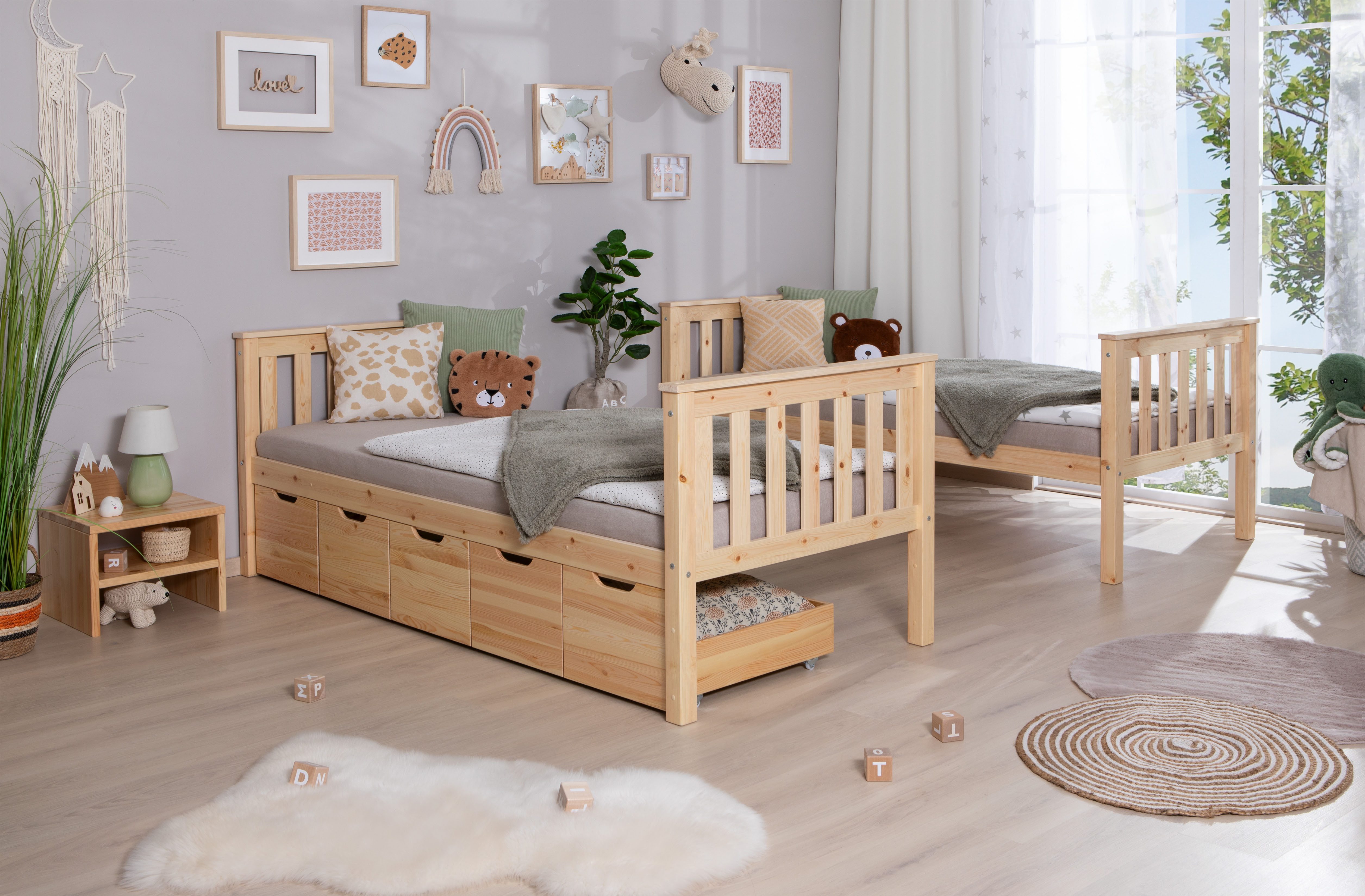 Ticaa Stapelbed Sammy met opbergruimte, om te bouwen tot 2 eenpersoonsbedden, lattenbodem, massief hout
