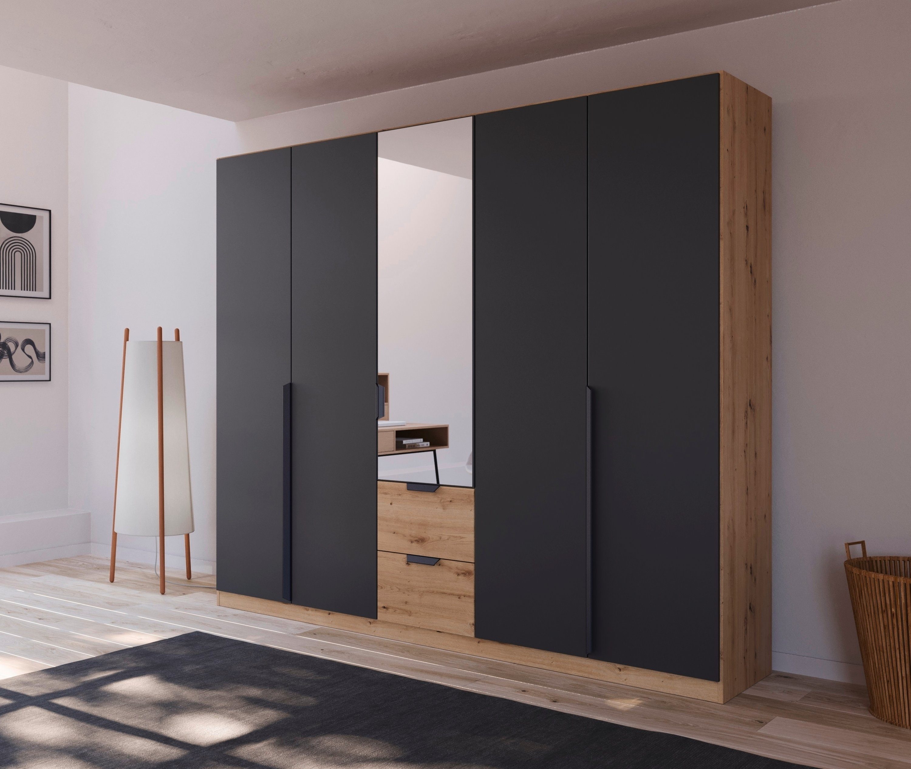 rauch Draaideurkast Dark&Wood by Quadra Spin in industriële stijl met laden in eikendecor, met spiegel