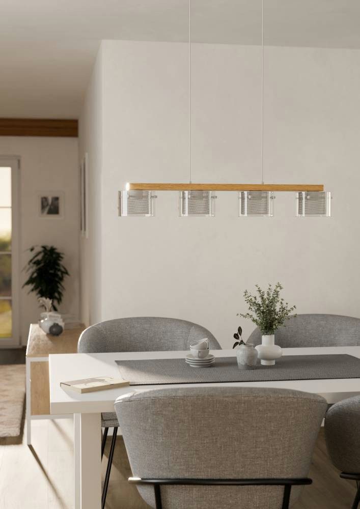 EGLO Hanglamp PORTICO-Z hanglamp hout wit, ZigBee 3.0, timer, pendellamp App / spraakbesturing Alexa, 88x15x110cm, excl. afstandsbediening (1 stuk)