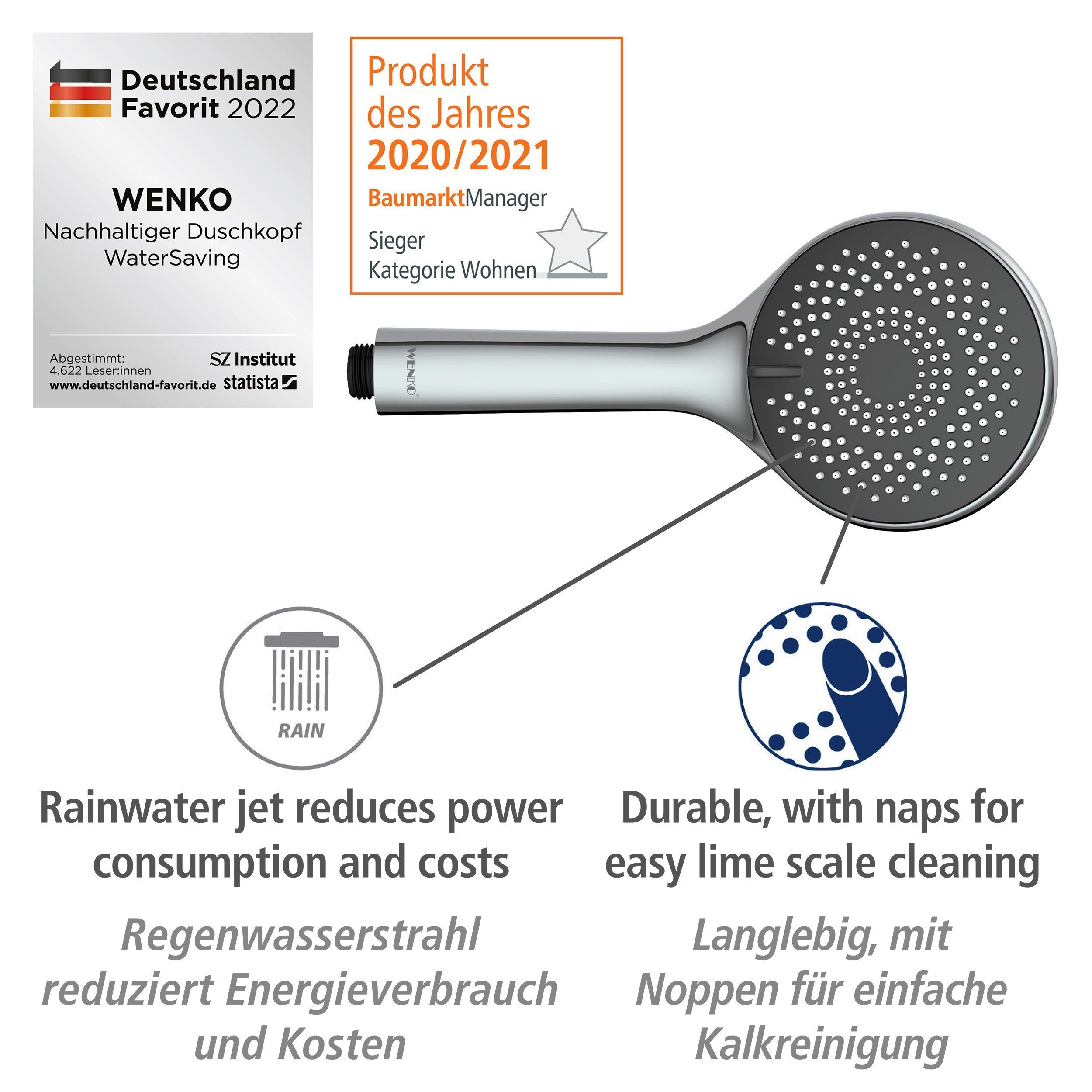 WENKO Douchestang-set Watersaving Chroom, lengte stang: 70 cm