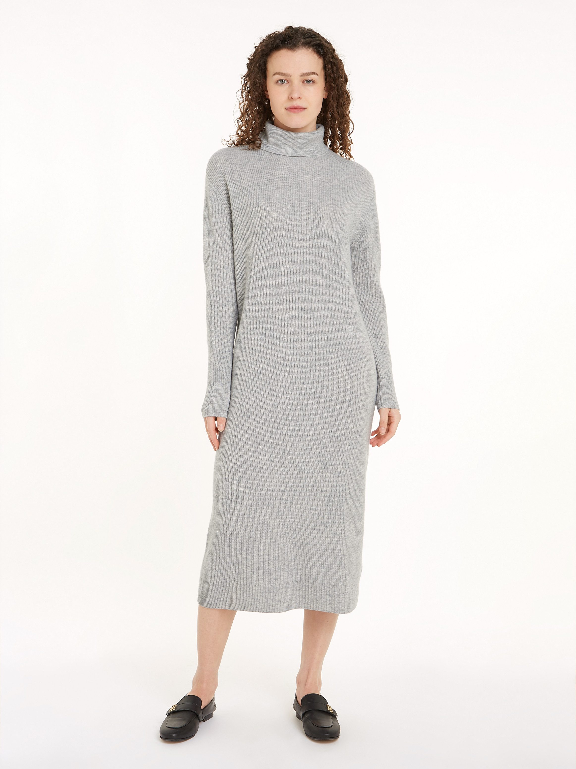 Tommy Hilfiger Gebreide jurk WOOL CASH ROLL-NK LONG DRESS met logo-borduursel in riblook