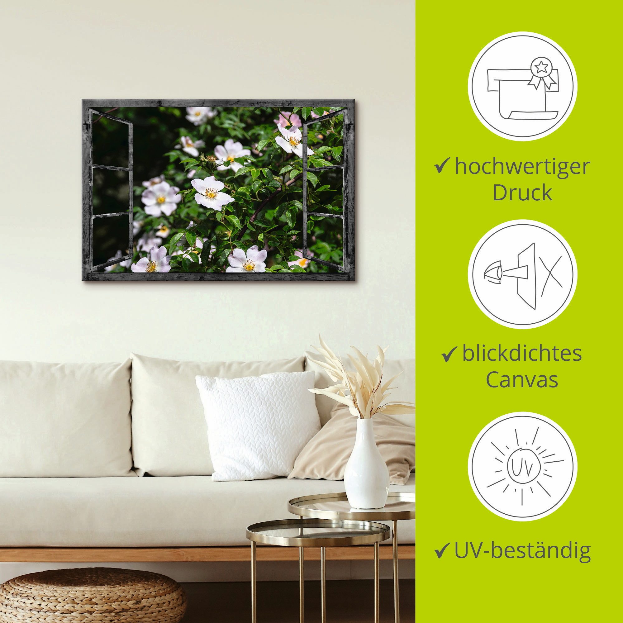 Artland Artprint op linnen Blik uit het venster - wilde rozen