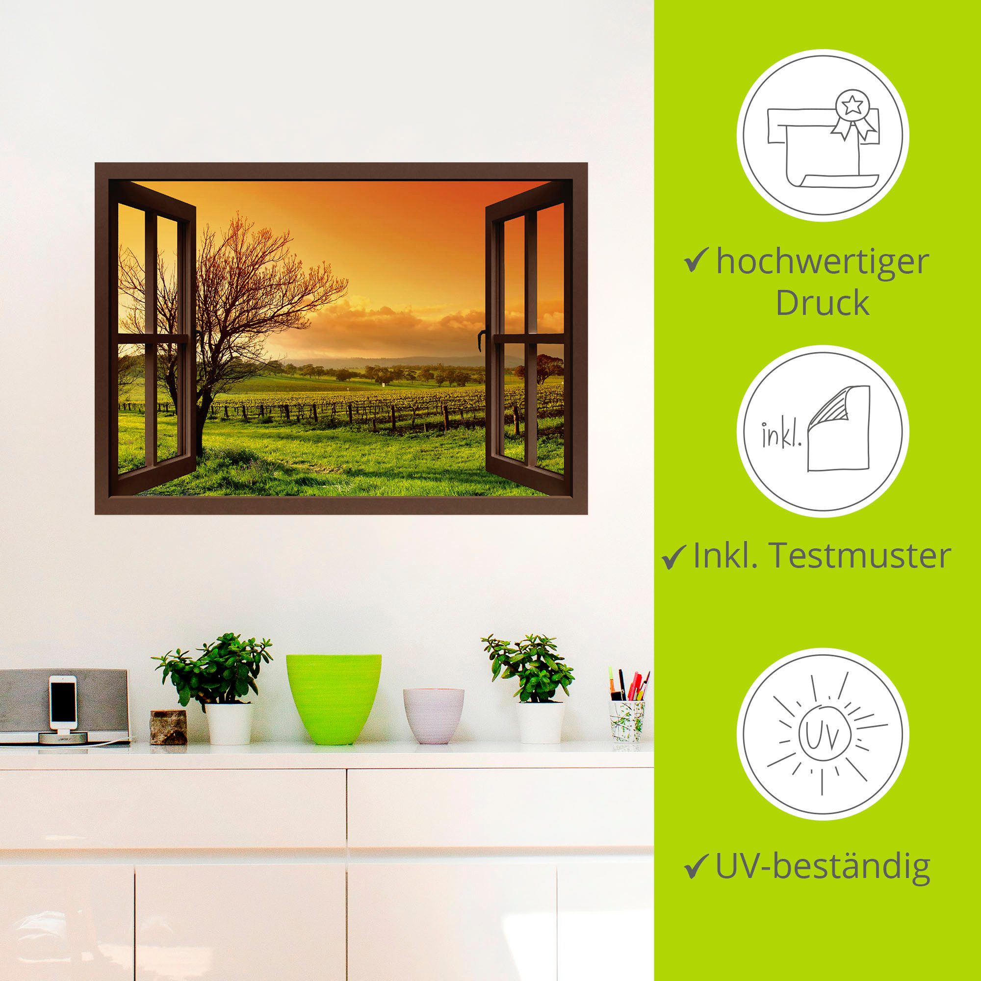 Artland Artprint Blik uit het venster - landschap met wijnbergen als artprint op linnen, muursticker in verschillende maten