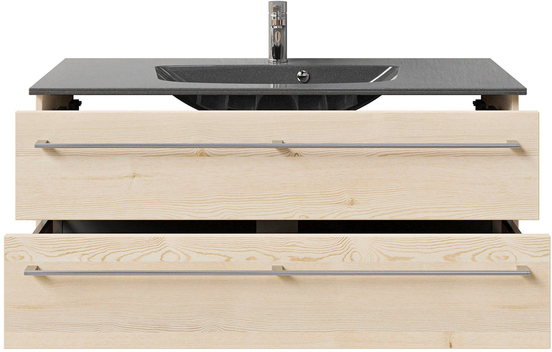 Saphir Badkamerserie Serie 6025 2-delig, mineraalmarmeren wastafel met led-spiegelkast Wastafelmeubel 117 cm breed, 2 laden, 3 spiegeldeuren, incl. deurdemper (2-delig)