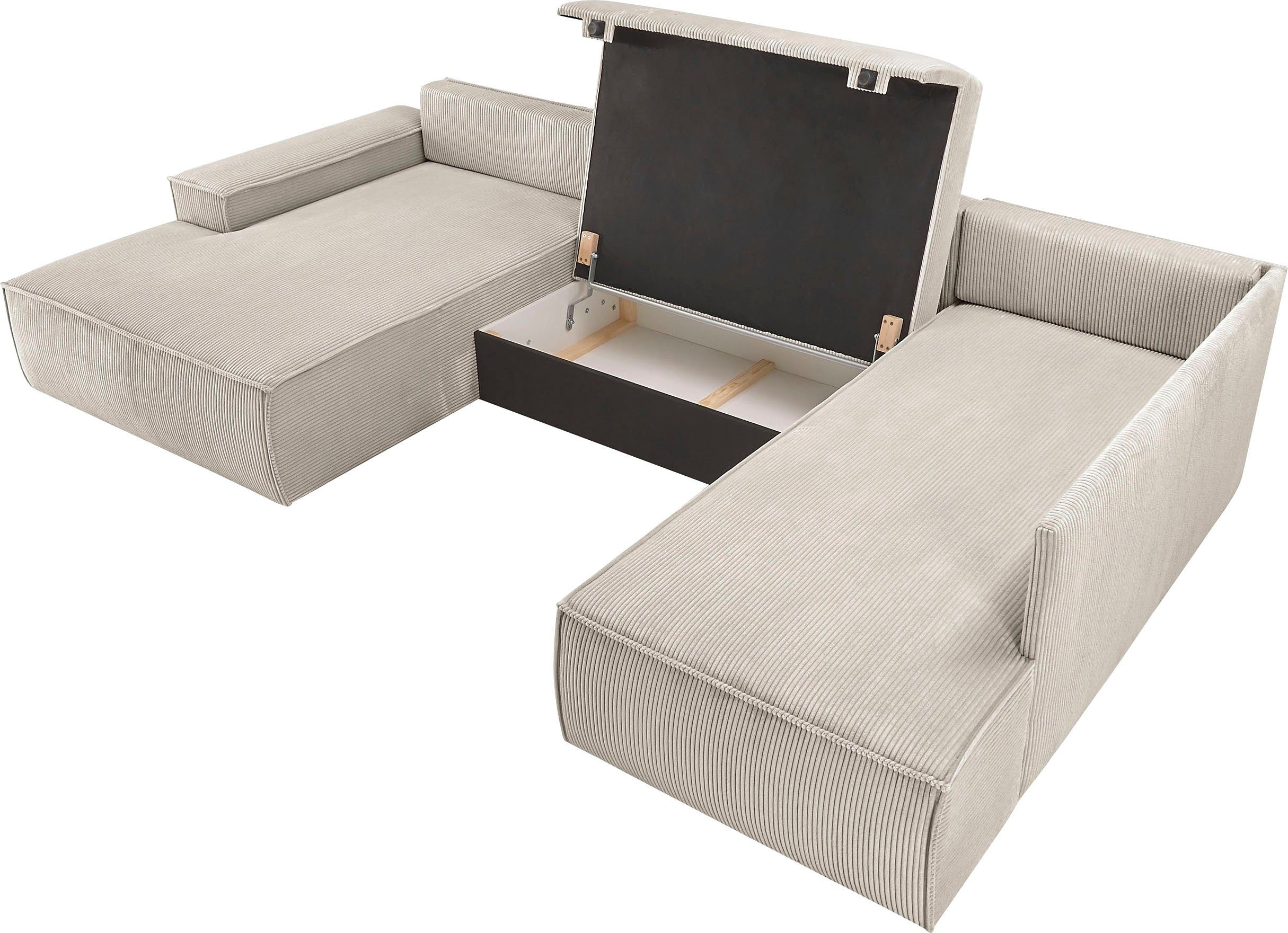 Home affaire Zithoek SHERWOOD 329 cm, U-vorm, slaapbank, Slaapfunctie met bedkist (194x139 cm), cord, vintage, fluweel