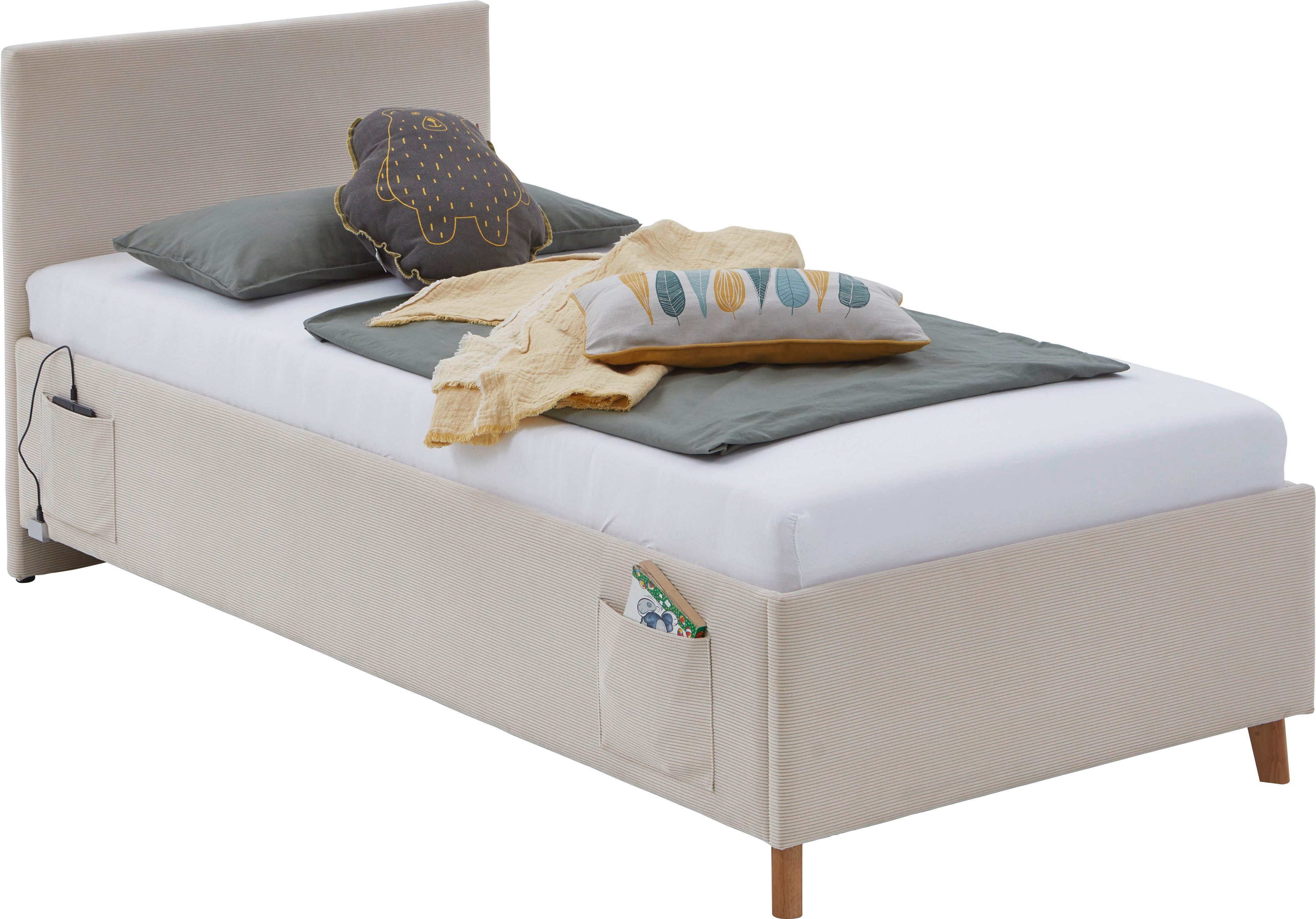 meise.möbel Kinderledikant Blauw Bekleed bed naar keuze met bedkist, tienerbed inclusief USB-aansluiting