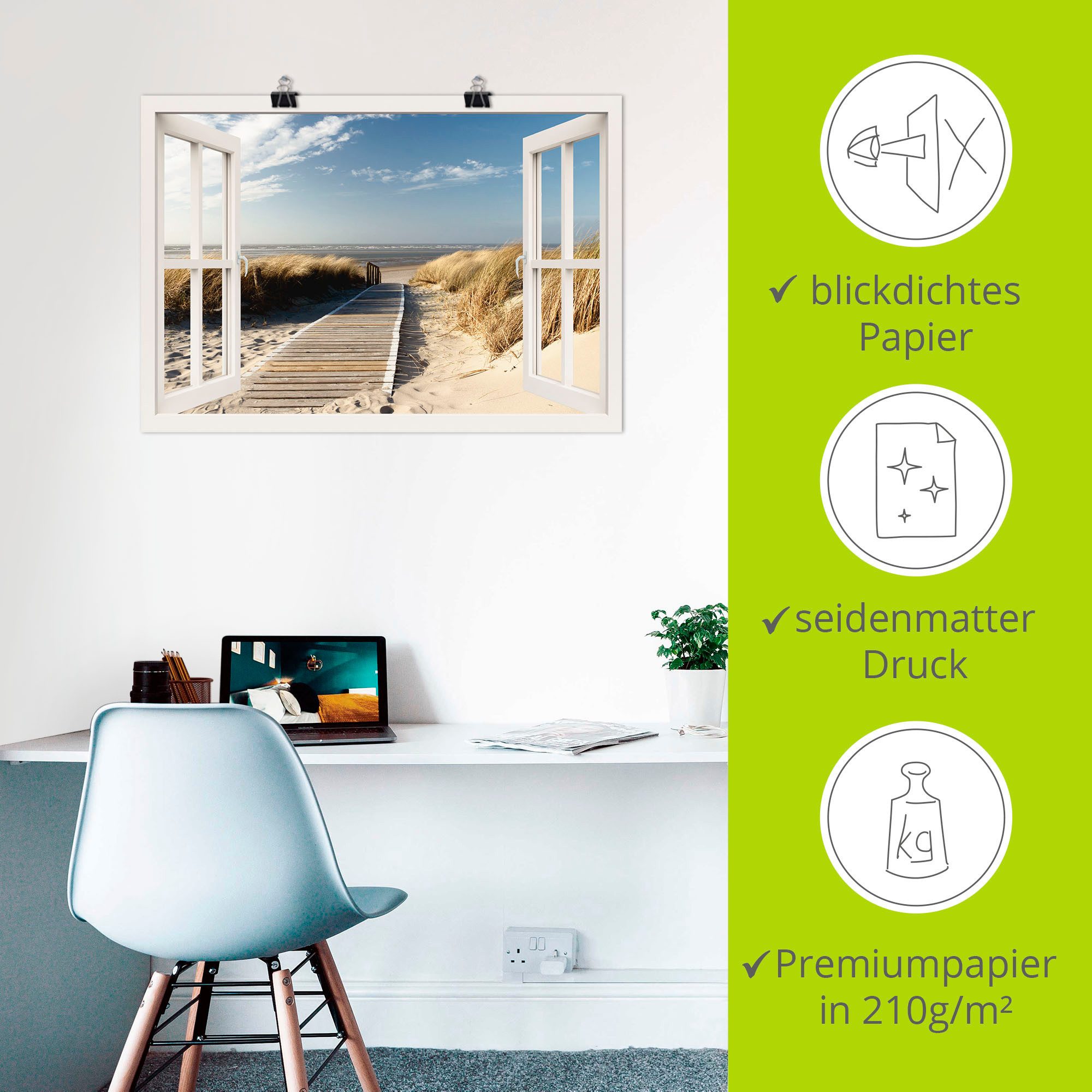 Artland Artprint Blik uit het venster Noordzeestrand op Langeoog als artprint op linnen, poster, muursticker in verschillende maten