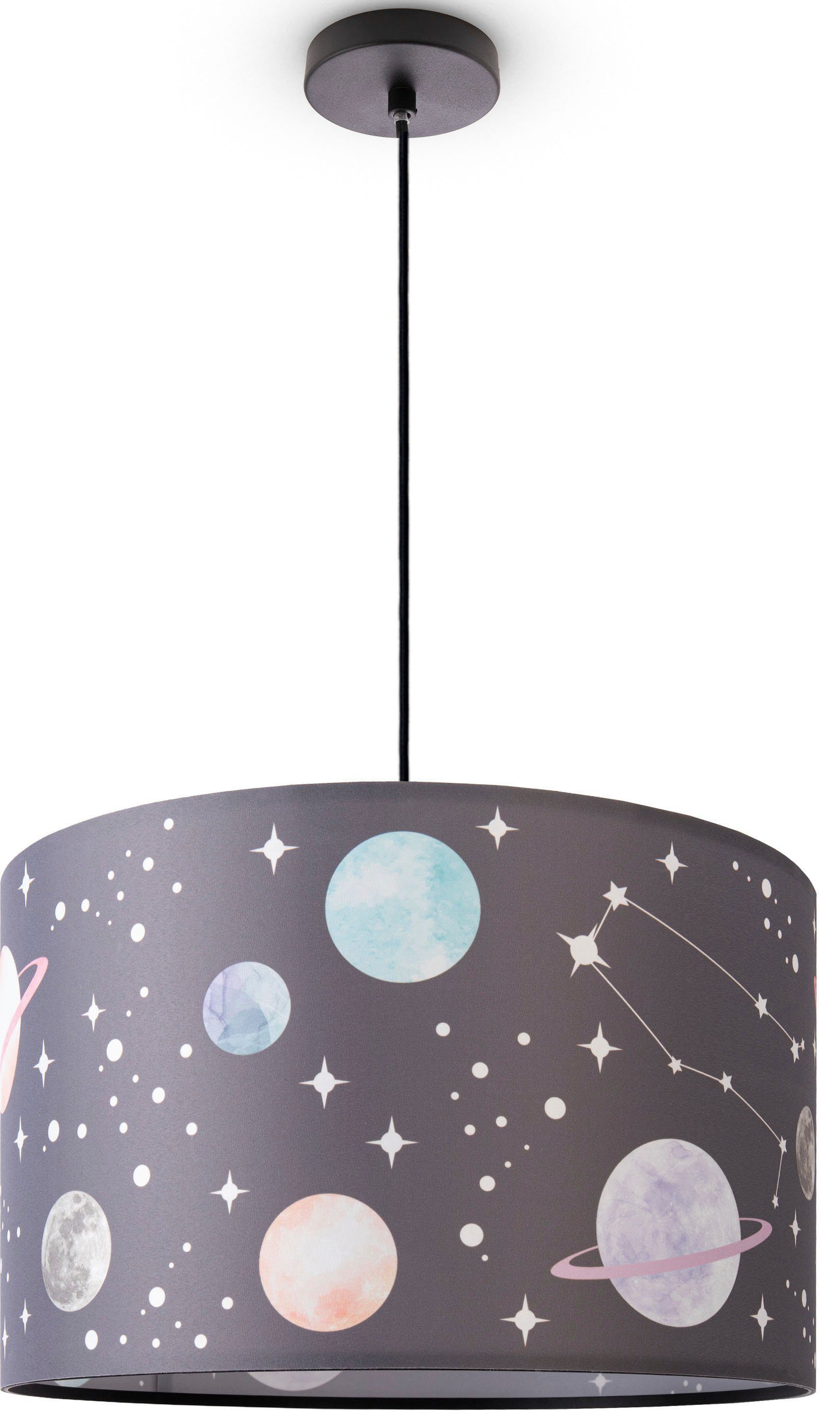 Paco Home Hanglamp Hugo Cosmo Pendellamp kinderkamer stof lampenkap rond planeten sterren E27