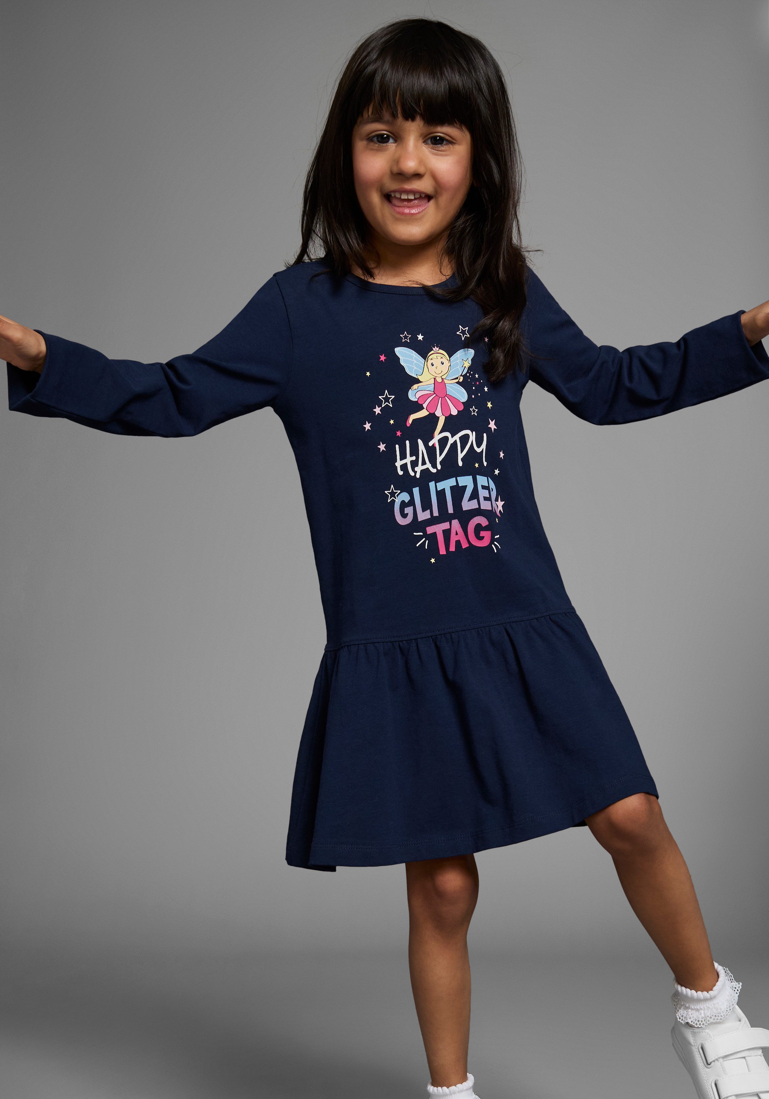 KIDSWORLD Jerseyjurk HAPPY GLITZER TAG knie-vrije lengte, speelse look, van katoenmix