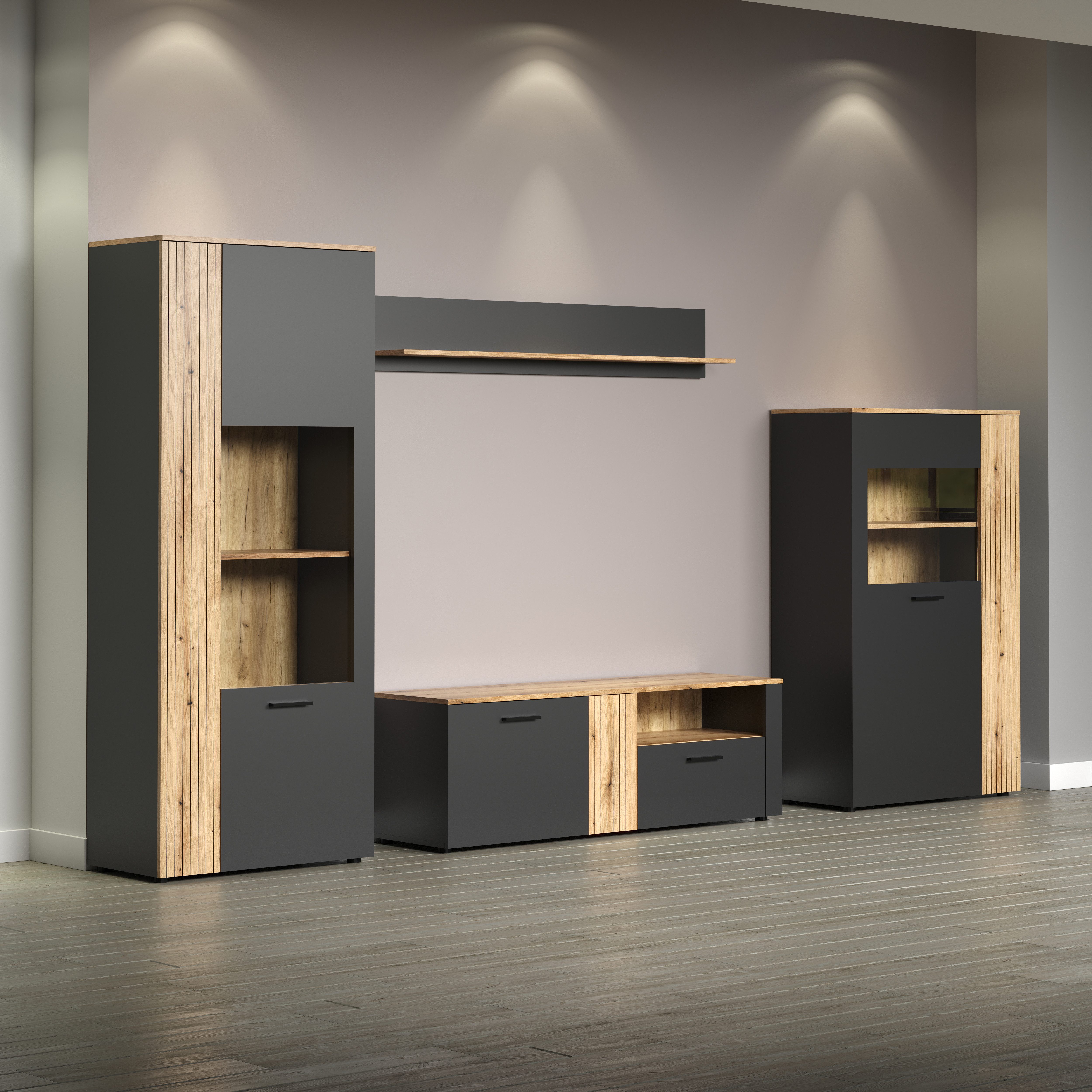 INOSIGN Wandmeubel Estepona Woonkamermeubilair met groevenlook - (B/D/H): 340/42/195 cm (complete set, 4-delig)