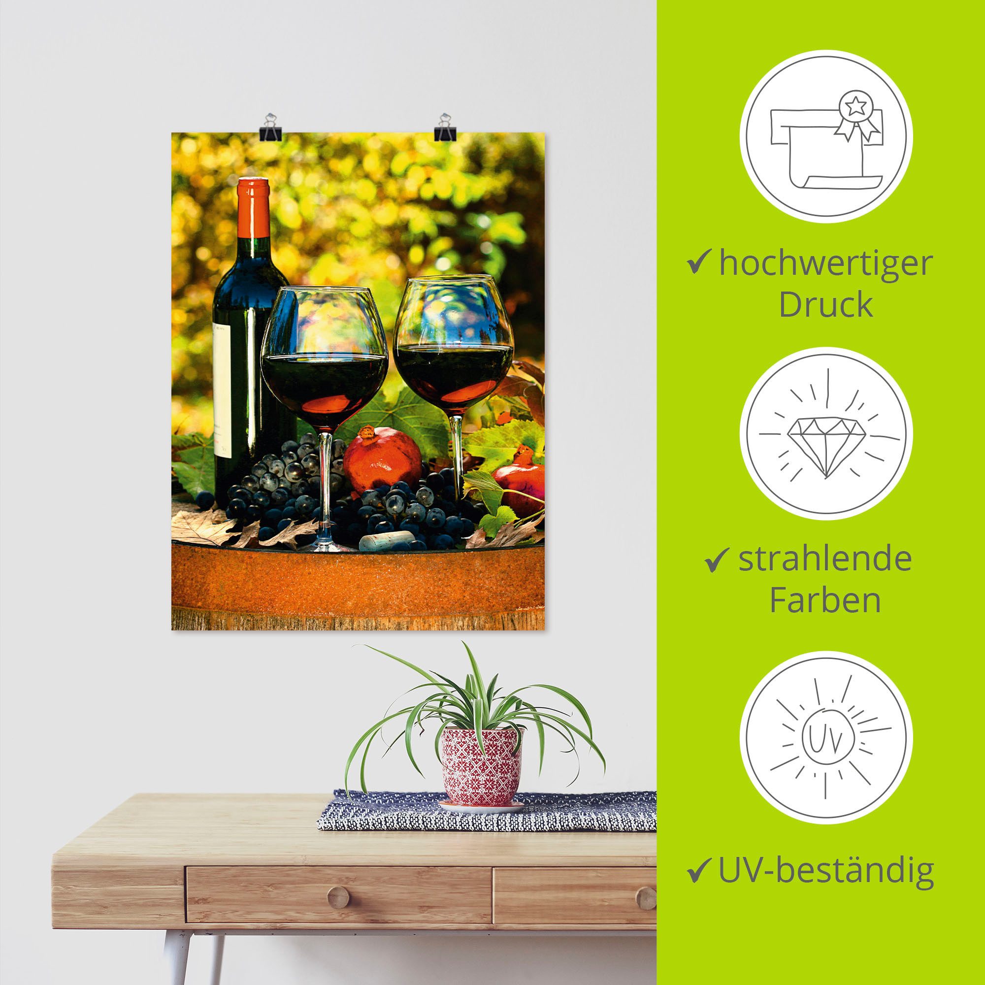 Artland Artprint Glazen met rode wijn op oud vat als poster, muursticker in verschillende maten