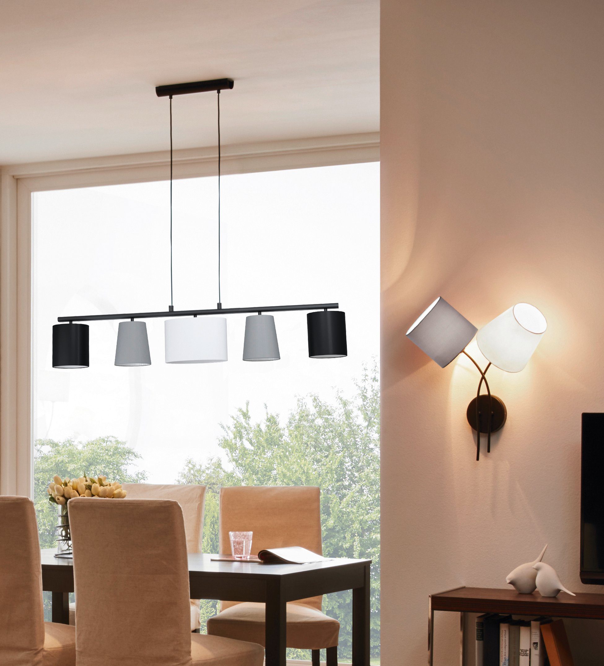EGLO Hanglamp ALMEIDA 1 zwart / l120 x h110 x b25,5 cm / excl. 5 x e14 / stoffen lampenkappen