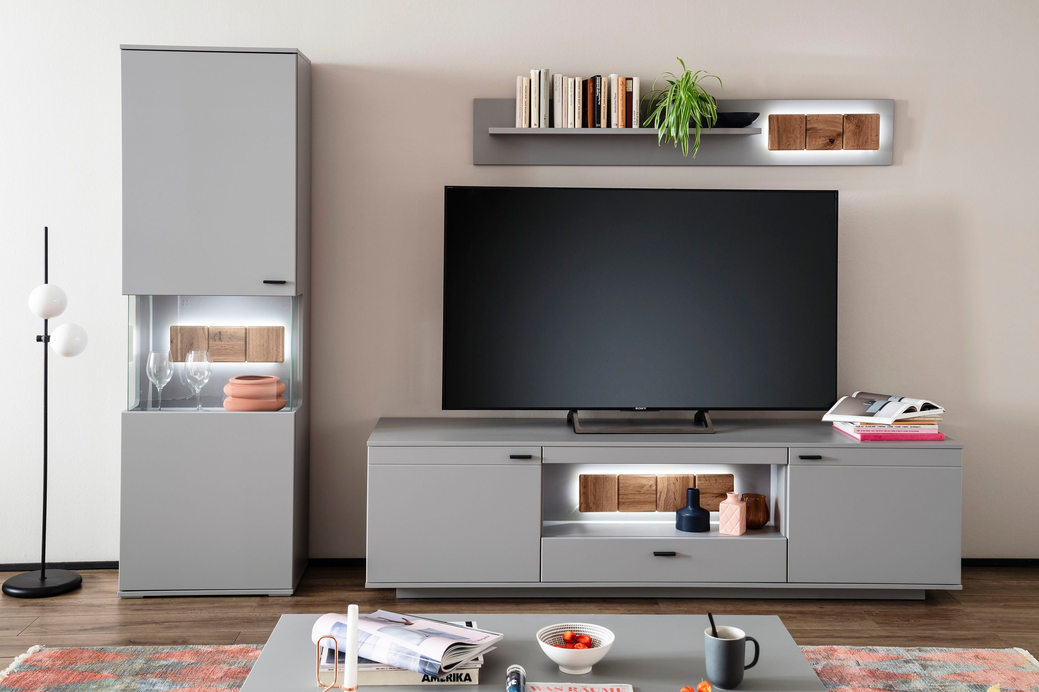 MCA furniture Wandmeubel Zadar moderne woonwandcombinatie in noordpool-grijs, naar keuze met verlichting (3-delig) tv-wandmeubels grijs