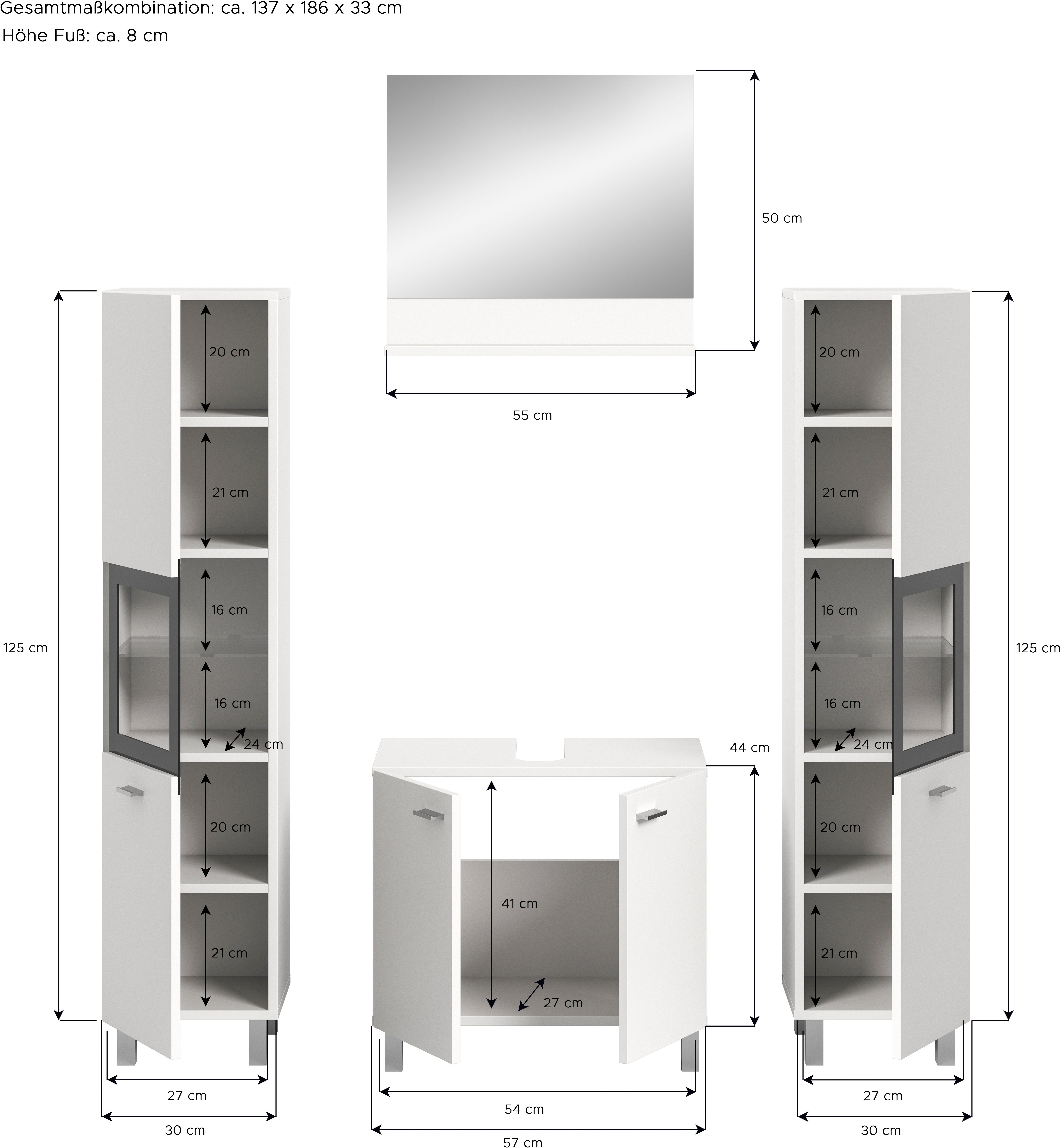welltime Badmeubelset Tampa, breedte 137cm, 4-delig Wastafelonderkast, spiegel, hoge kast (4 stuks)