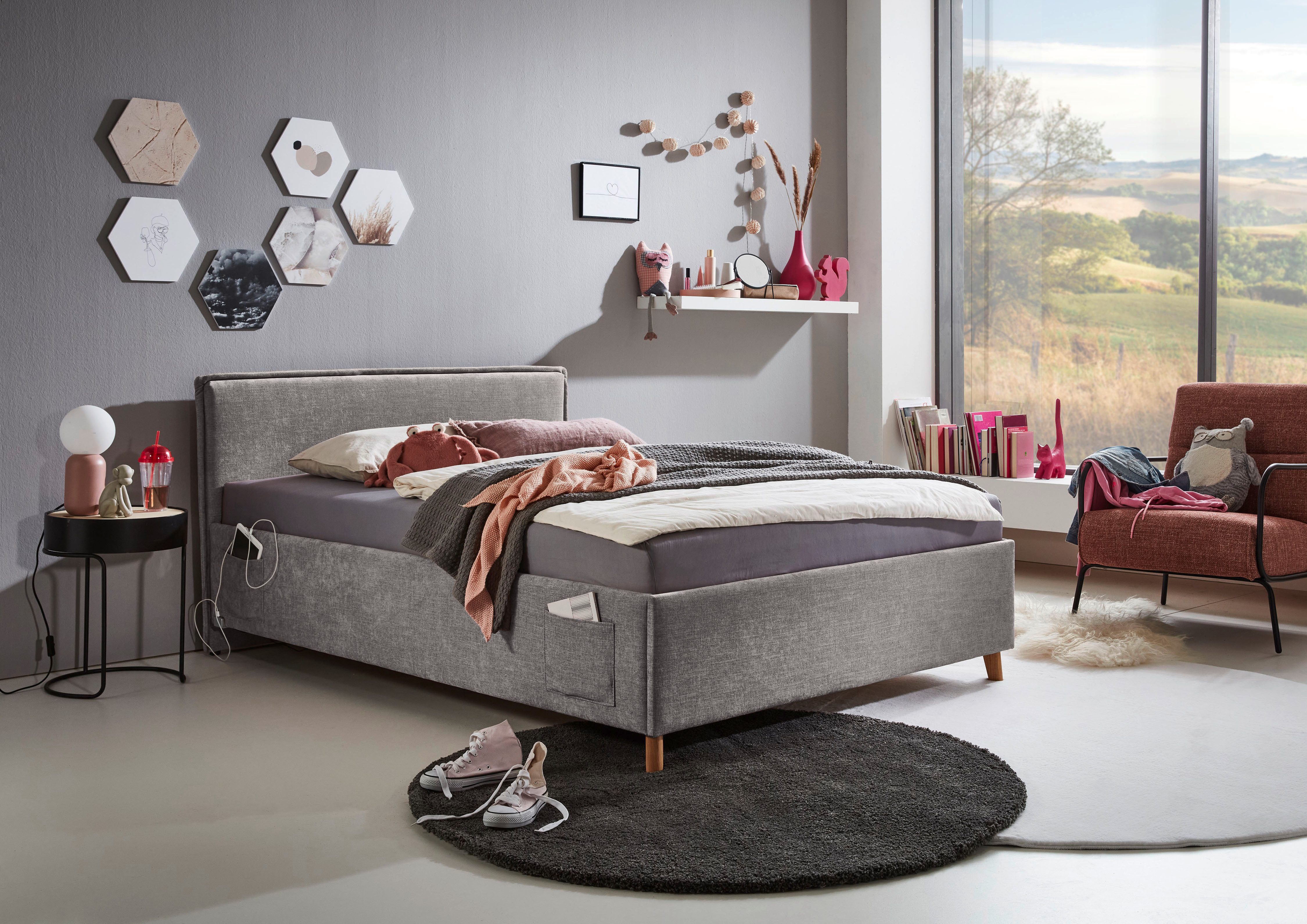 meise.möbel Kinderledikant Fun Bekleed bed naar keuze met bedkist, tienerbed inclusief USB-aansluiting eenpersoonsbedden grijs