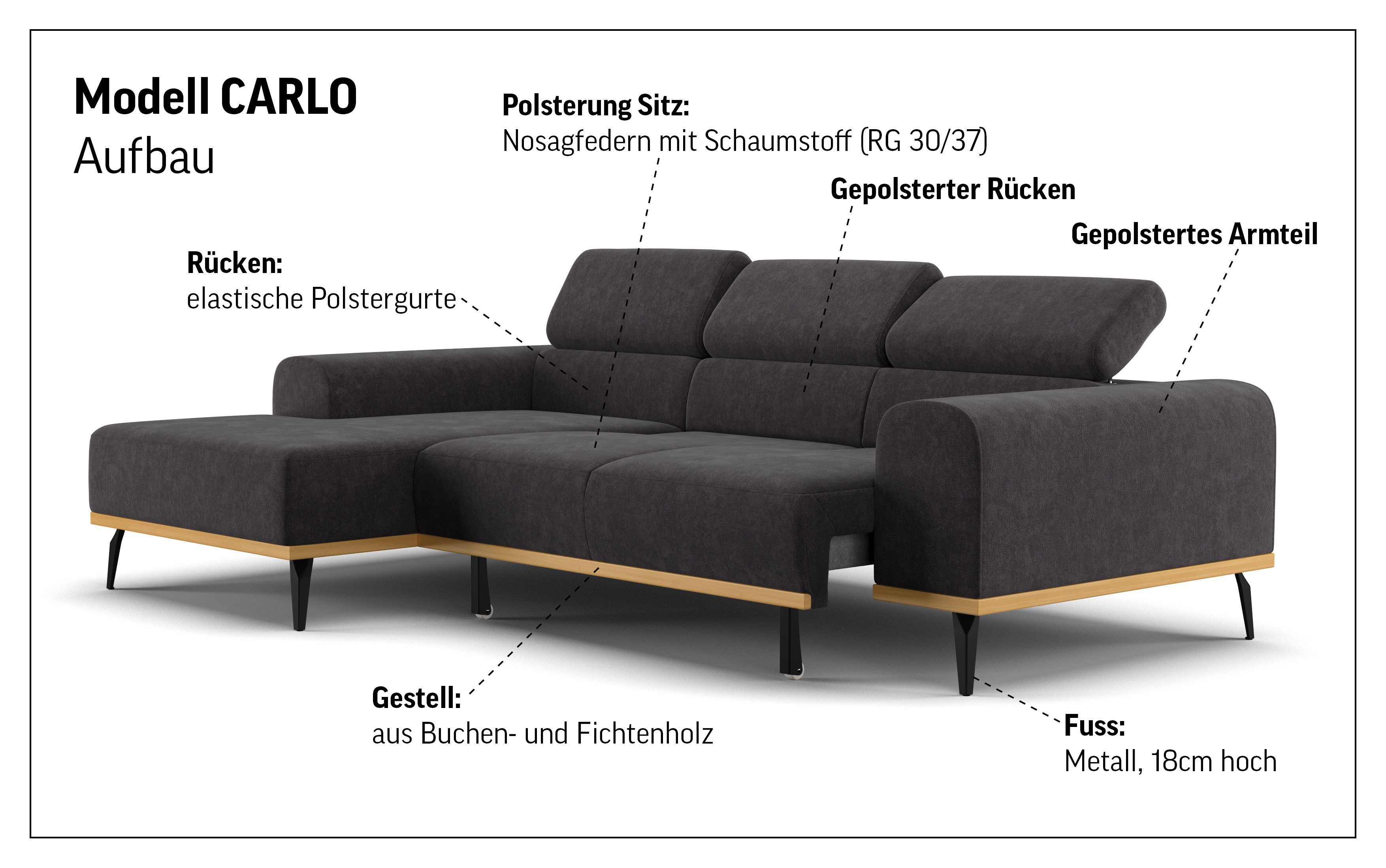Places of Style Hoekbank Carlo L-vorm met hoofdeinde-verstelling & houten frame-look, optionele relaxfunctie