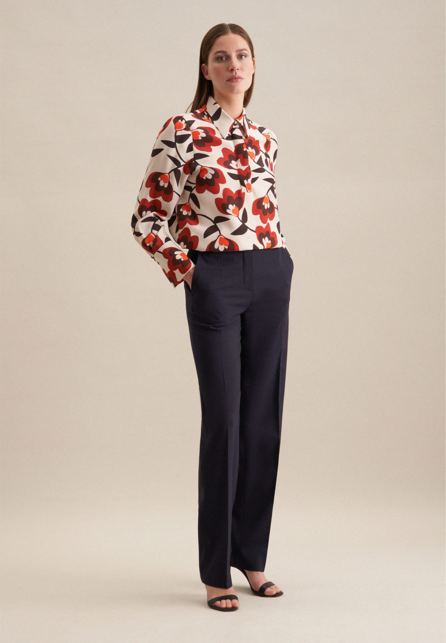 seidensticker Overhemdblouse Zwarte roos Lange mouwen kraag print