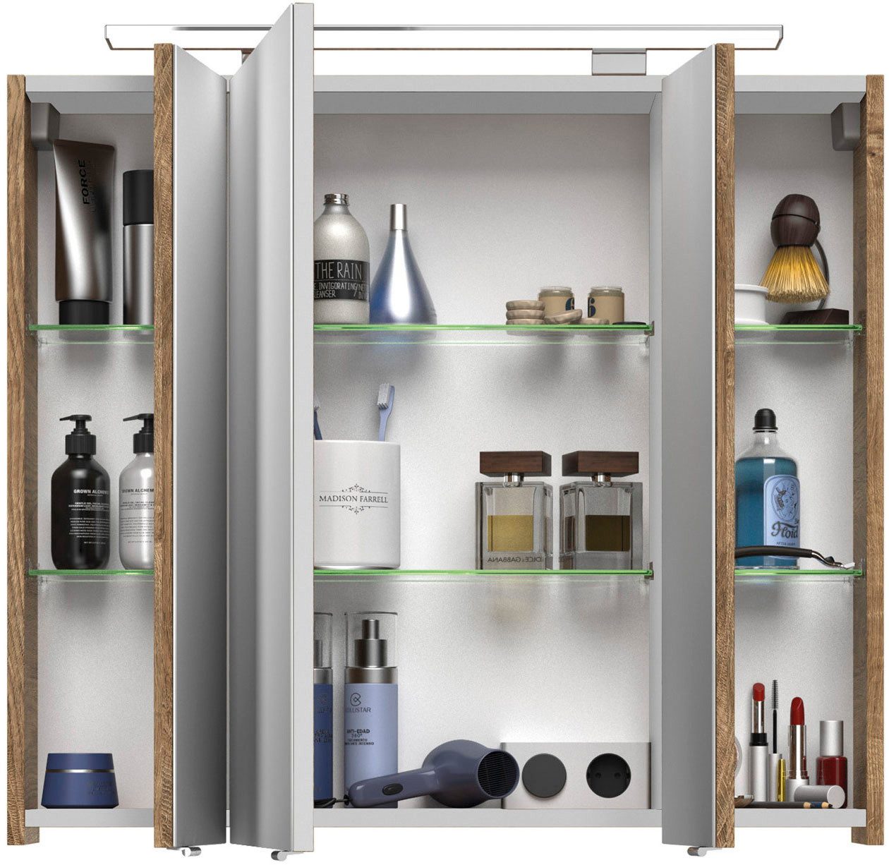 Saphir Badkamerspiegelkast Serie 4010 badkamer spiegelkast incl. LED-opbouwlamp Badkast 80 cm breed, 3 deuren, 6 glazen legplanken, incl. deurdemper