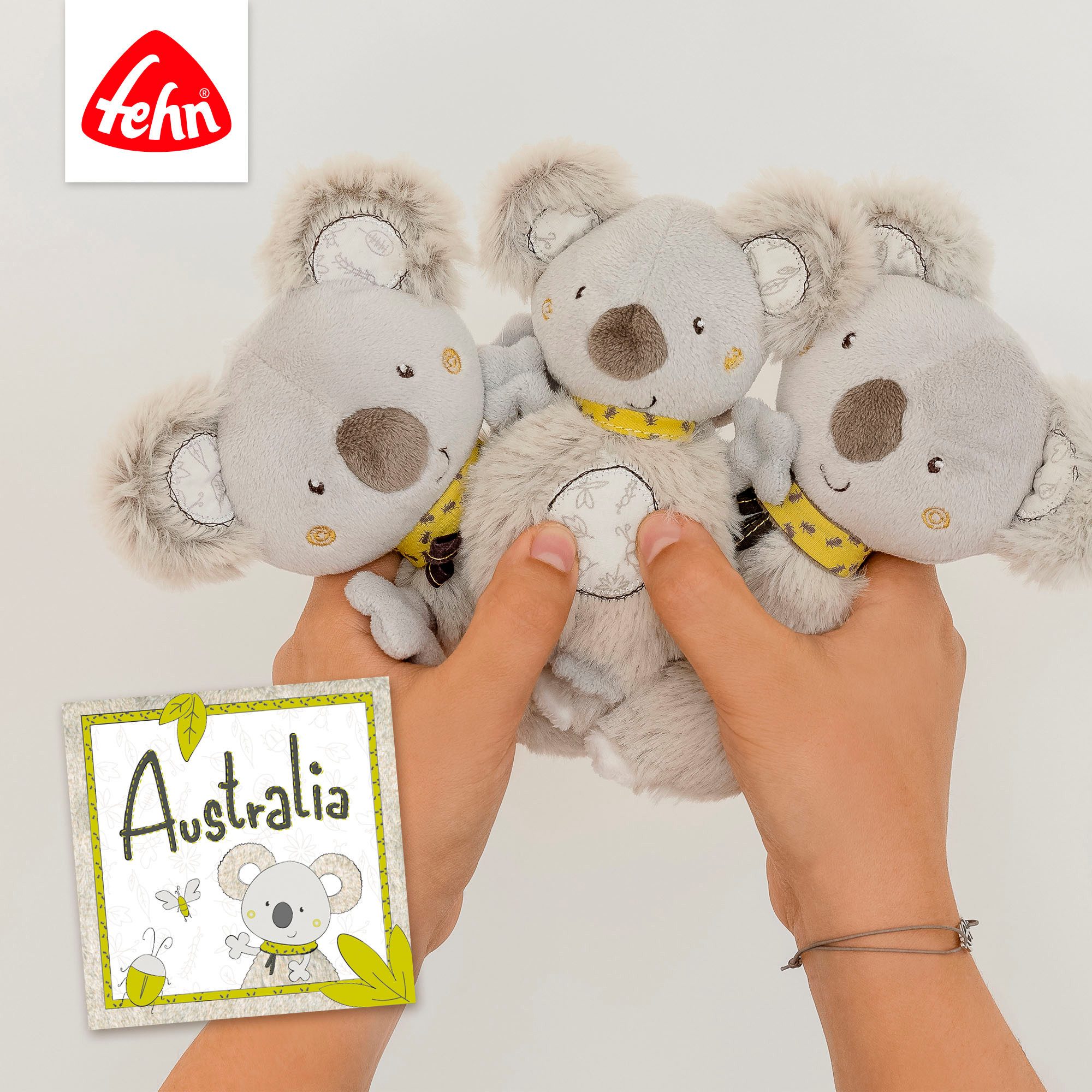 Fehn Grijpspeeltje Australië, stoffenboek met ring ter bevestiging aan kinderwagen, babyzitje of bed