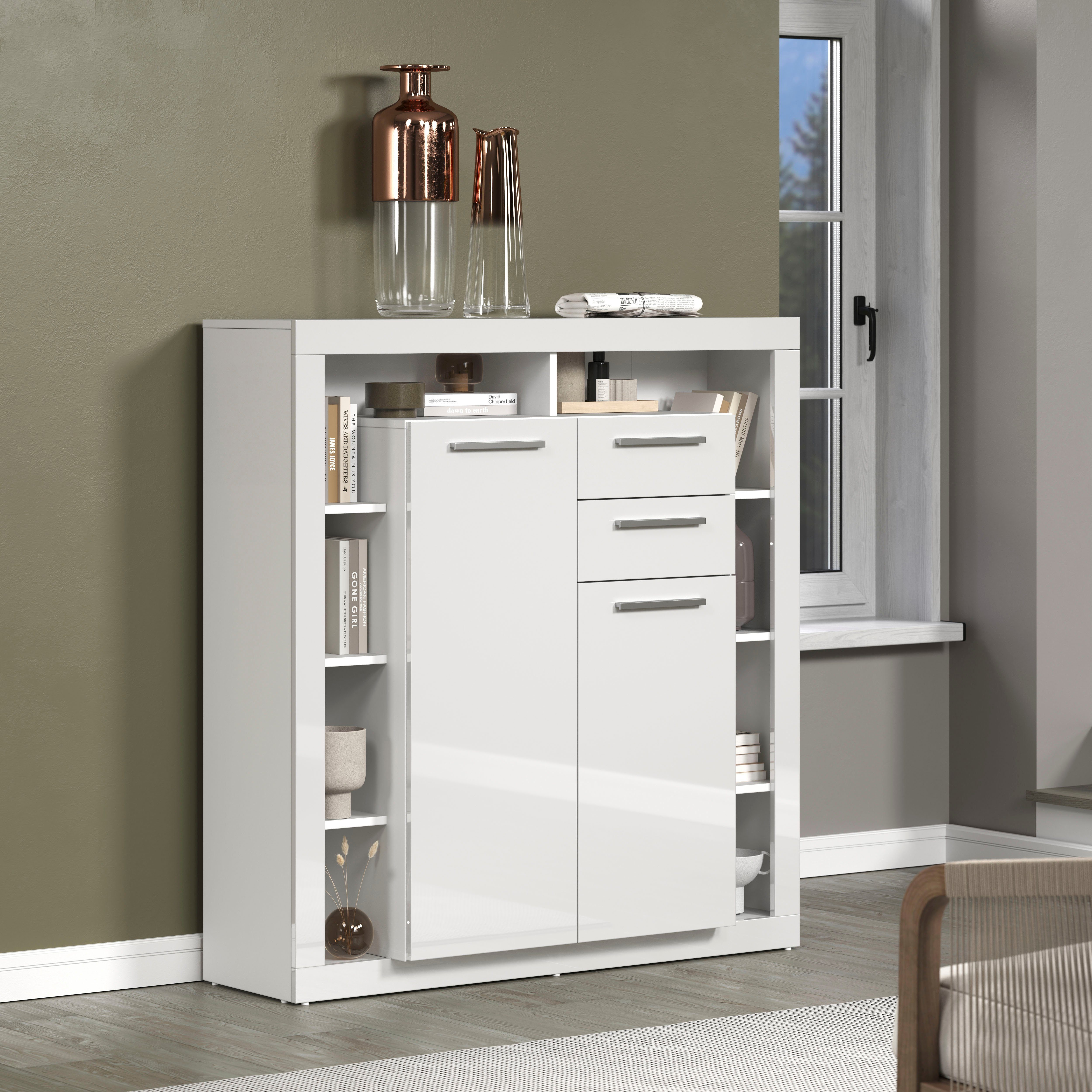 INOSIGN Highboard GWENDOLYN Moderne woonkamer kast met veel planken - (B/D/H) 121/40/128 cm (1 stuk) highboards wit