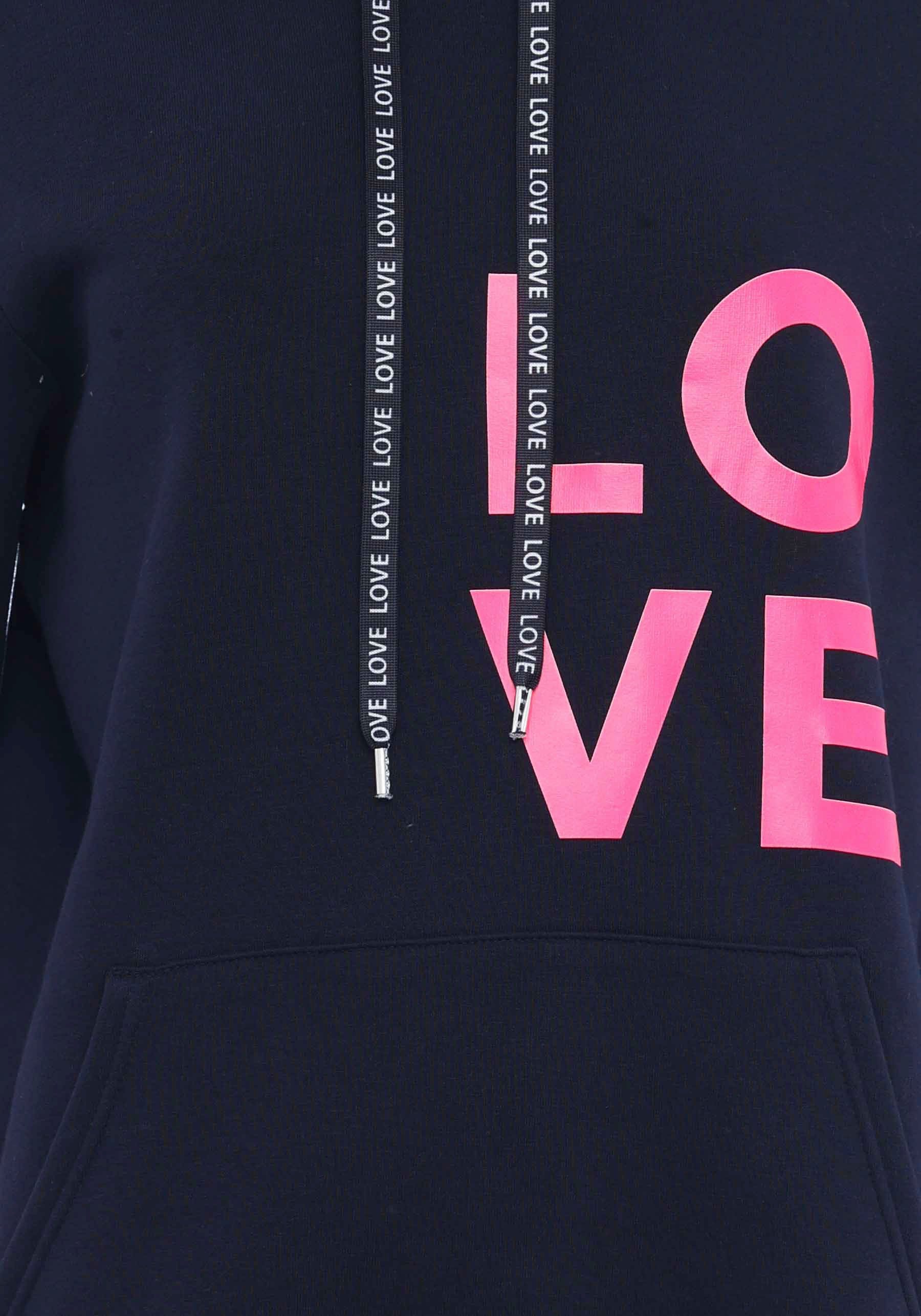 Zwillingsherz Hoodie met geborduurd neonhart op de mouw en "love"-schrift op koord
