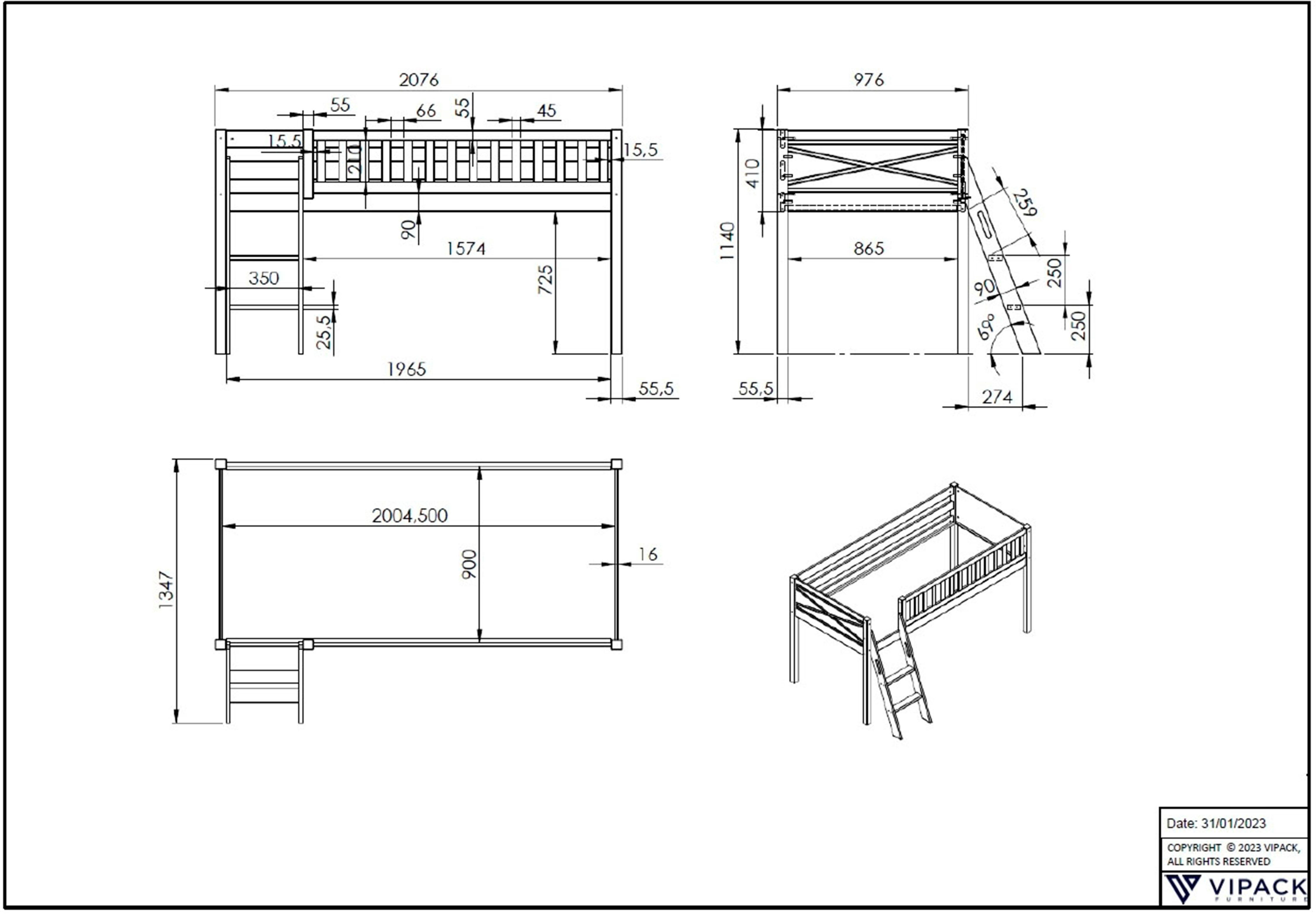 Vipack Hoogslaper Scott met ladder, ligoppervlak 90 x 200 cm, doek, opbergvak, tunnel, 4 designs