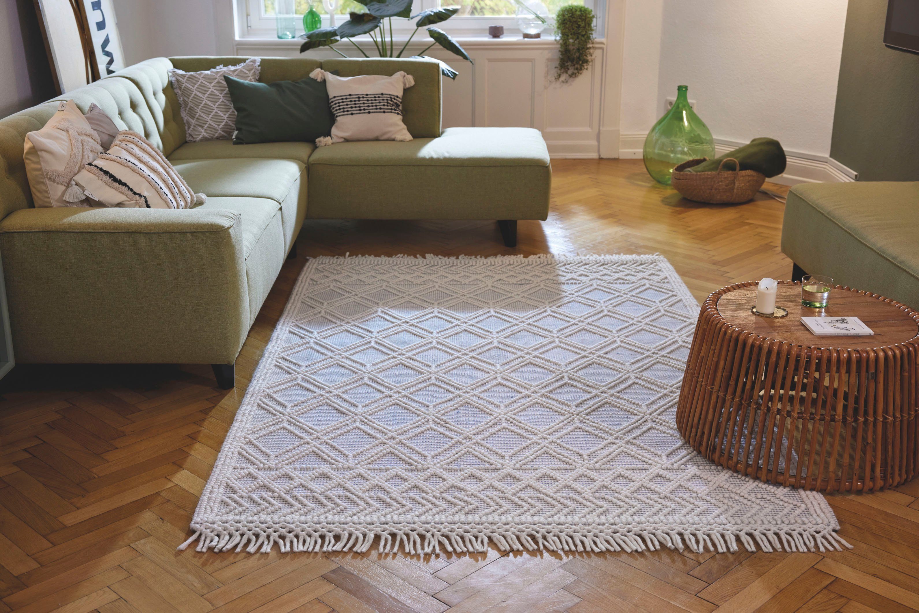 TOM TAILOR HOME Vloerkleed Coloured Macrame Handgeweven vloerkleed, zuivere wol, met de hand geweven, met franje, Scandi design