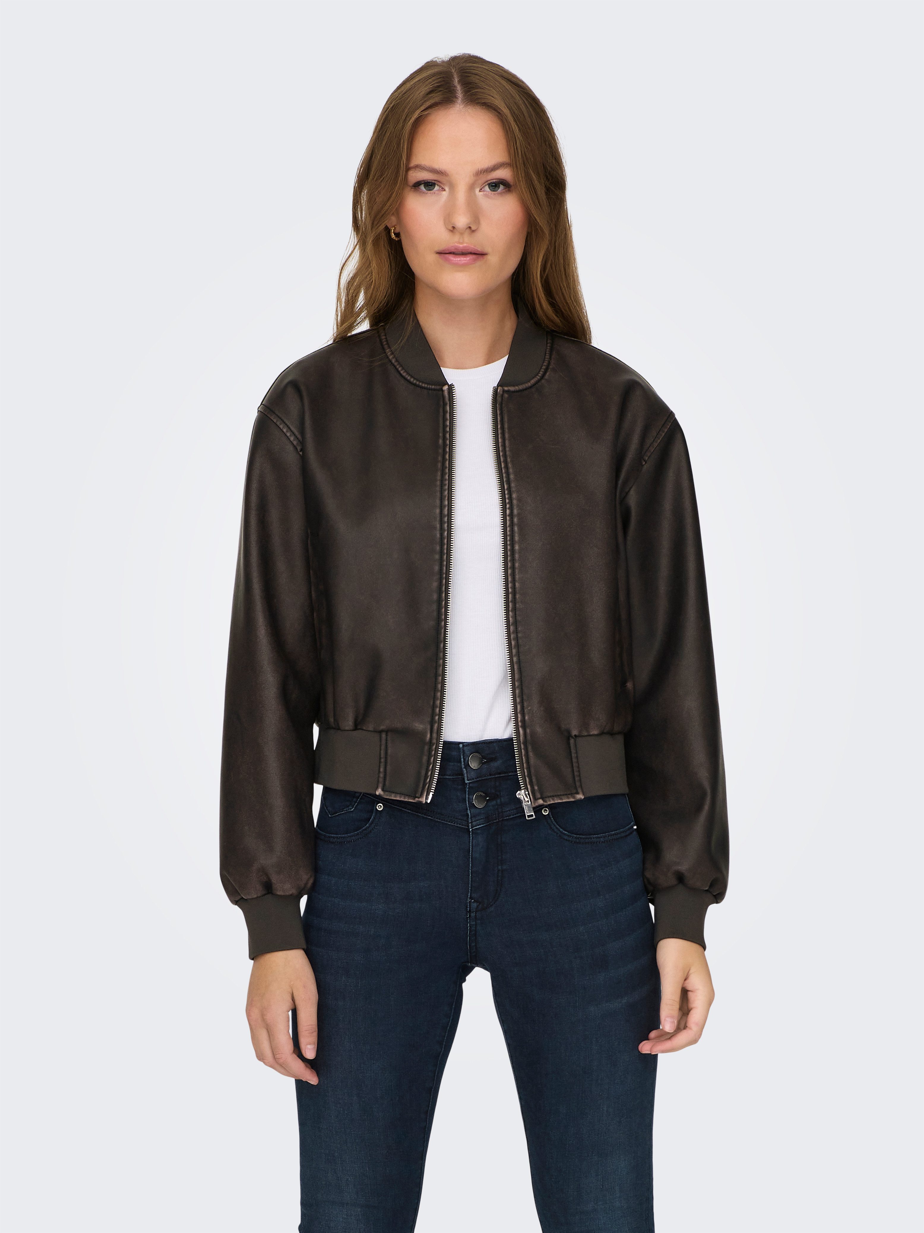 Only Imitatieleren jack ONLJANE FAUX LEATHER WASHED BOMBER OTW dames zomerjassen maat XS (34) bruin