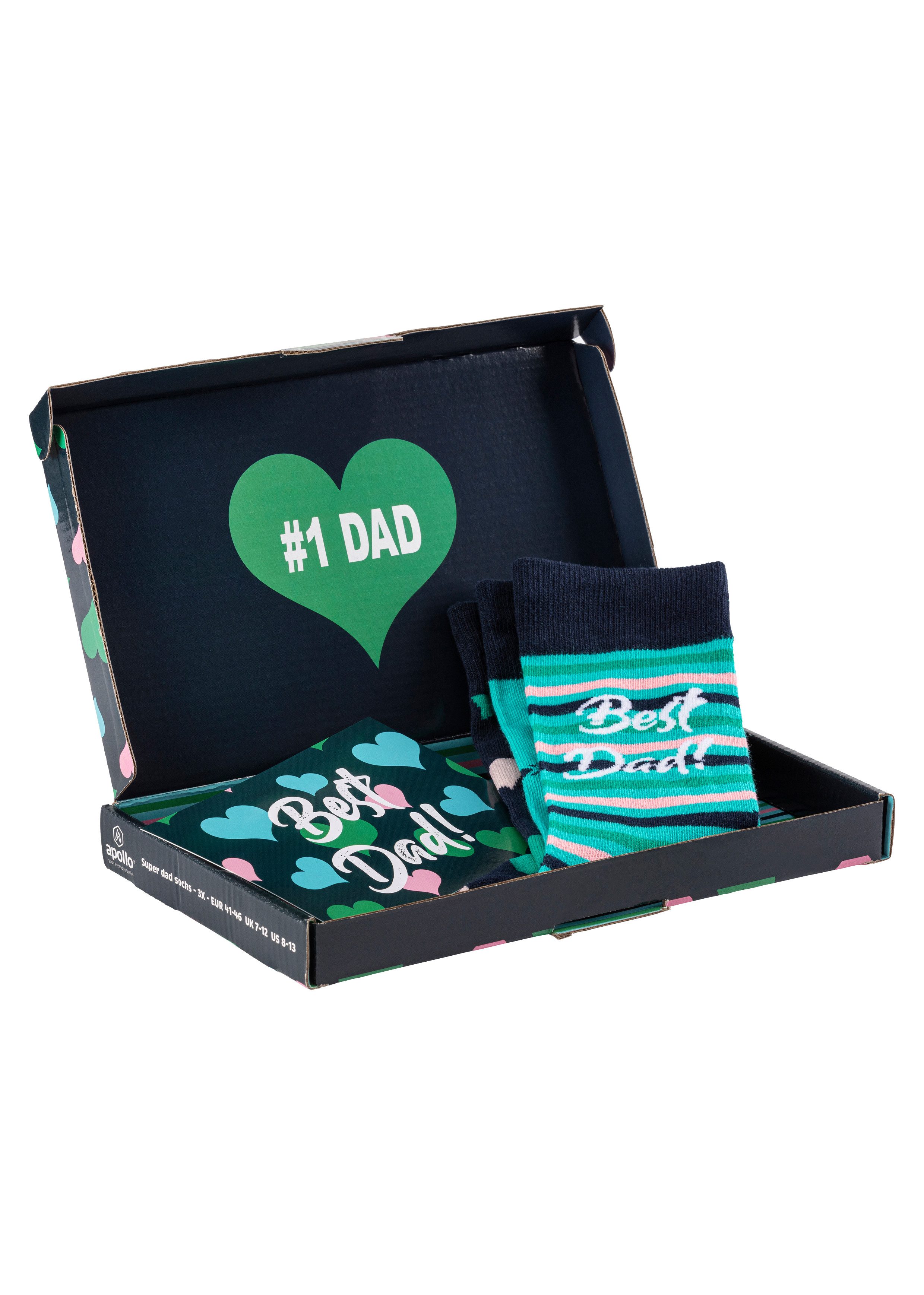 Apollo Sokken Cadeau-doos Super-Papa of Beste Papa verschillende kleuren designs perfect voor vaderdag of verjaardag (2 paar Set van 3)