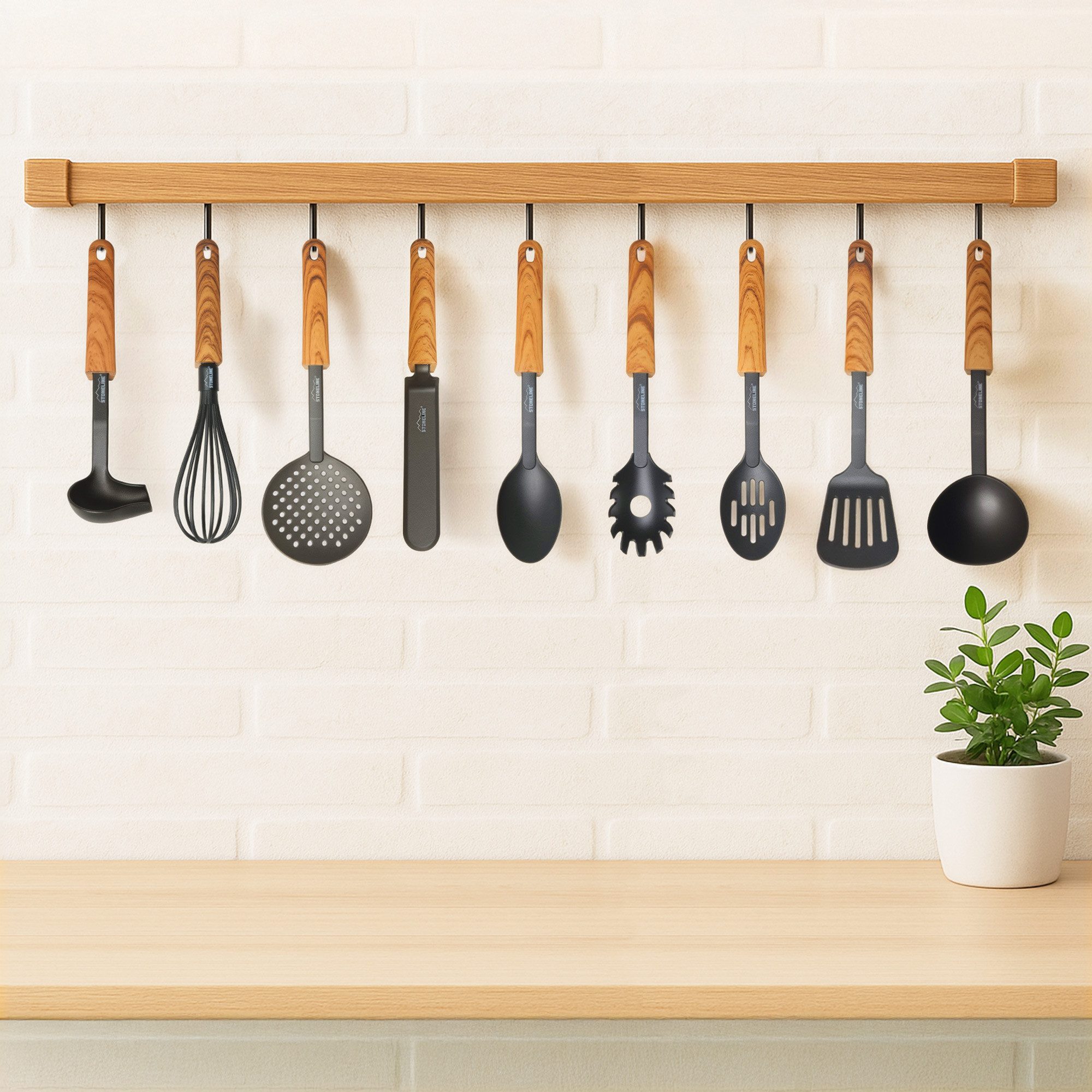 STONELINE Set keukengerei Kookgerei-set met houten handgreep-design "Back to Nature" Kunststof,hout-look,hittebestendig tot 180 °C,geschikt voor de vaatwasser (set, 9-delig)