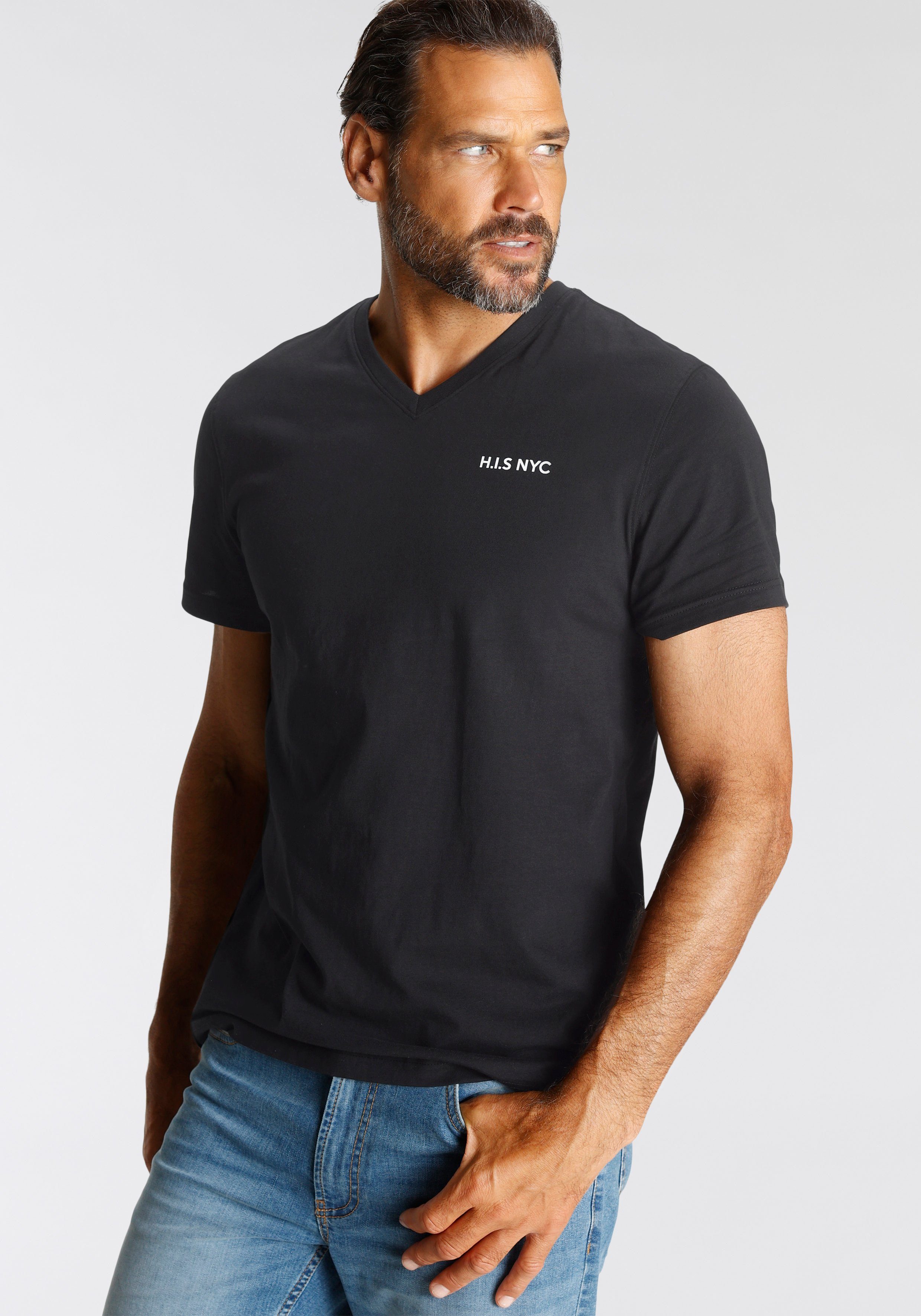H.I.S Shirt met V-hals Korte mouwen, slim fit, van katoen (Set van 3)