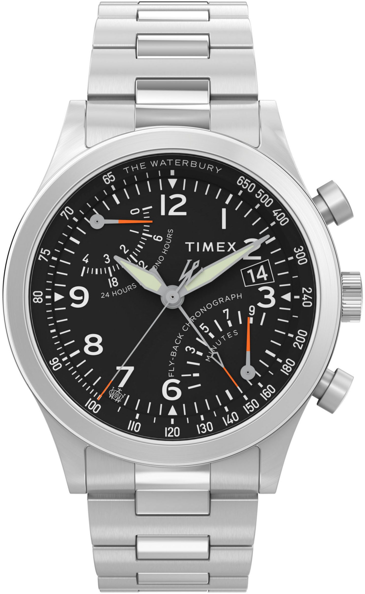 Timex Chronograaf WATERBURY TRADITIONAL Quartzhorloge, horloge, herrenuur, datum, lichtgevende wijzers, stopwatchfunctie heren horloges zilver