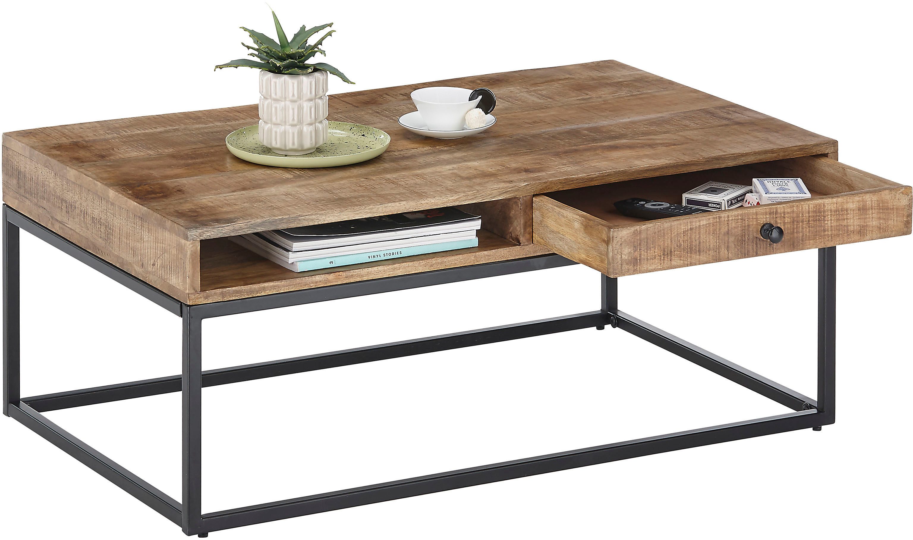 Stolkom Salontafel Alison Massief hout met lade, tafel in industriële stijl