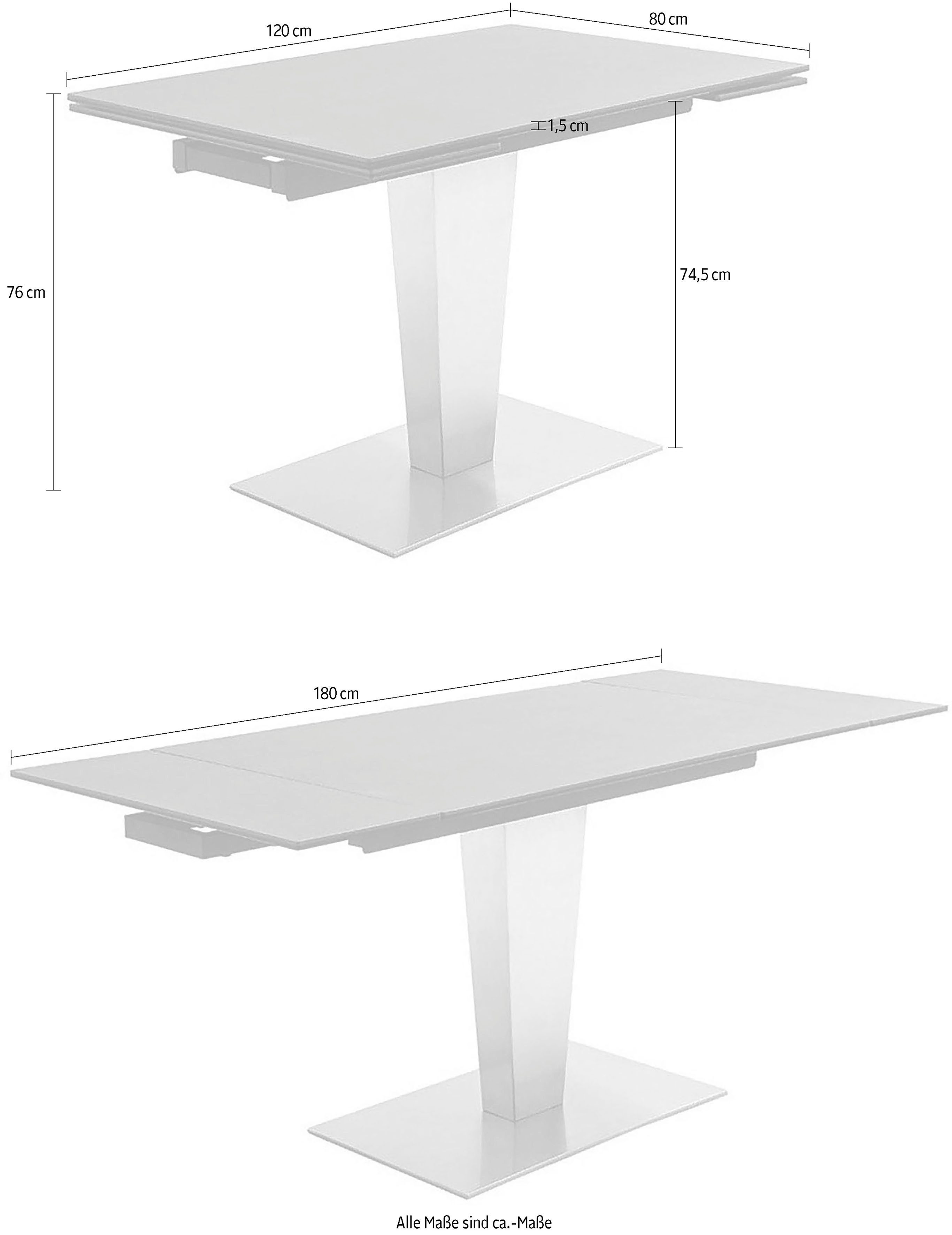 MCA furniture Eettafel PESARO uitschuifbare tafel met voet 120-180 cm Keramiek, roestvrij staal, eindschuif, uittrekbaar, tafelblad 14 mm
